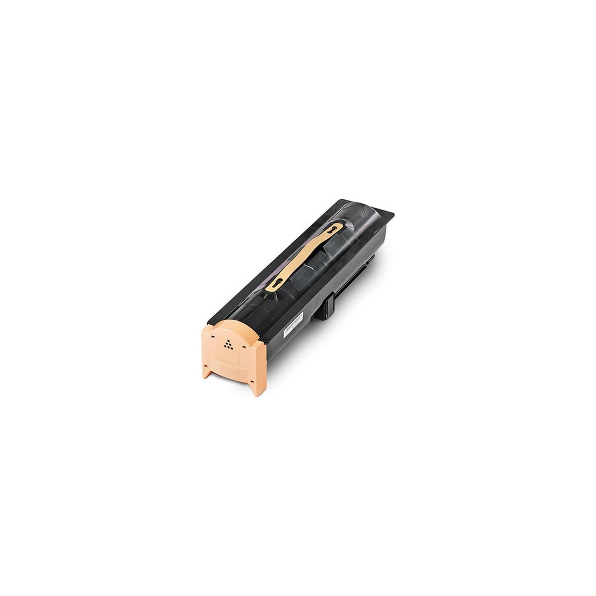 Una cartuccia toner nera e beige su sfondo bianco.