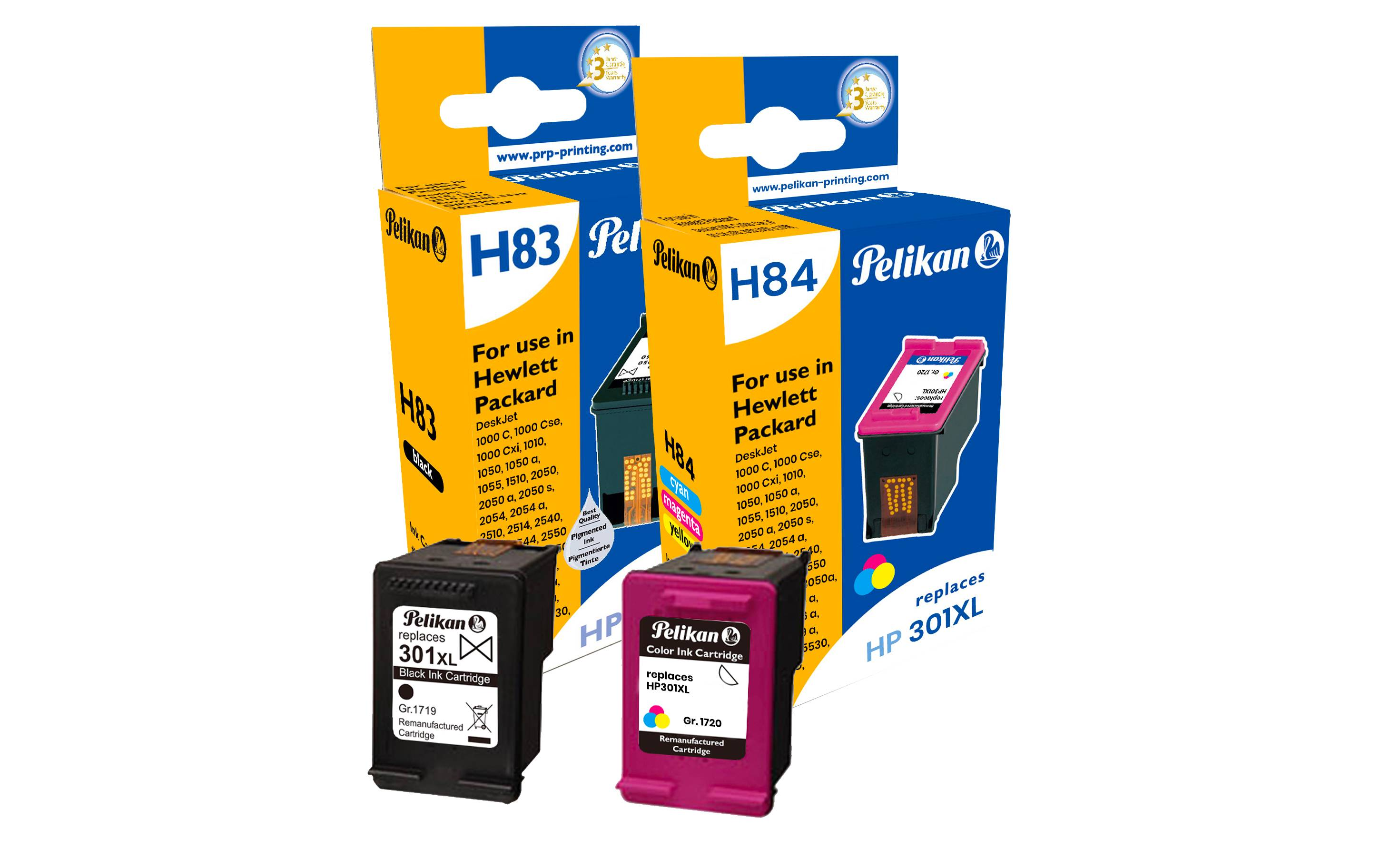 Due cartucce di inchiostro per stampante, etichettate H83 e H84, con il marchio Pelikan e una cartuccia HP 301XL.