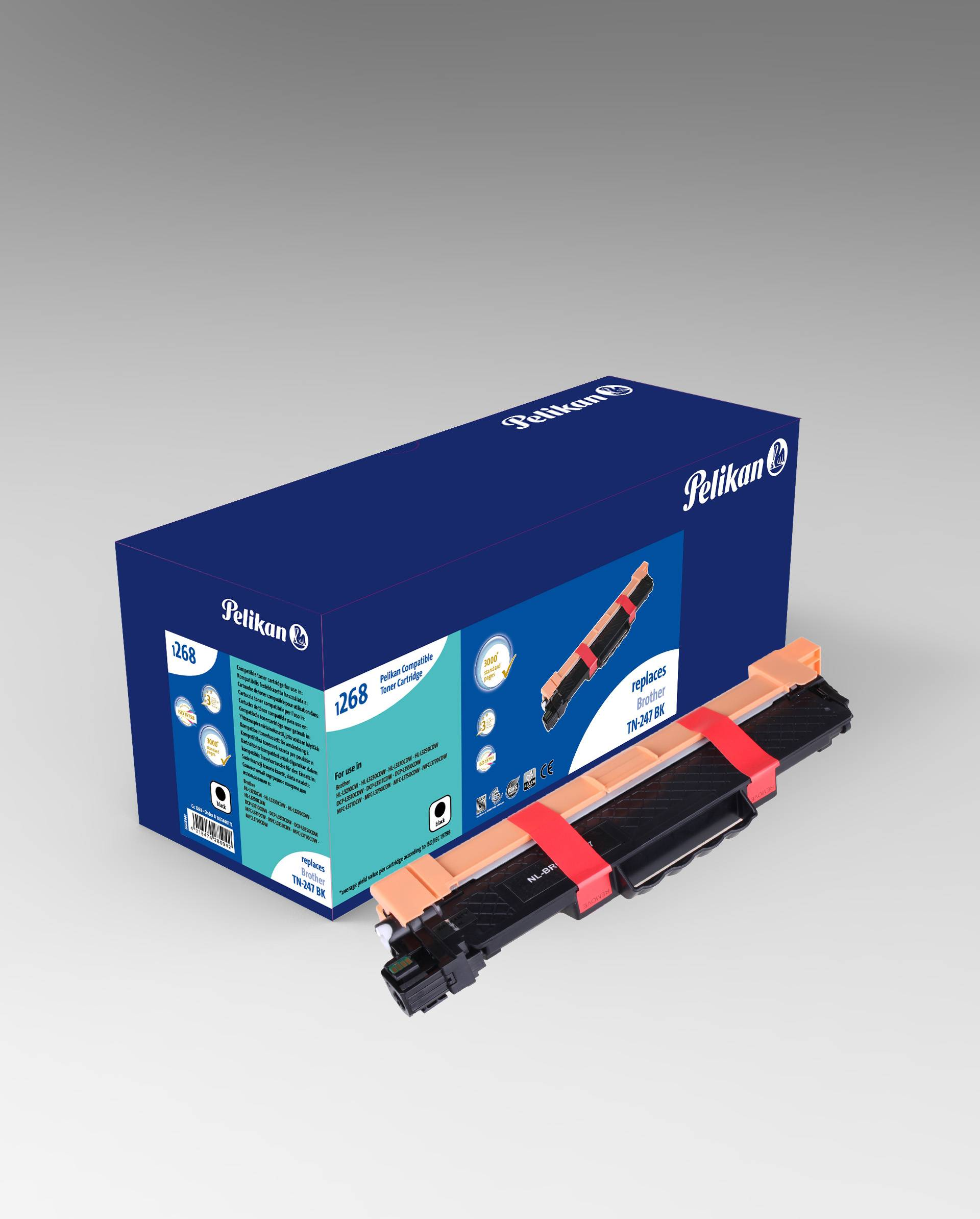 Scatola di cartucce toner Pelikan con cartuccia nera all'esterno, su sfondo sfumato.