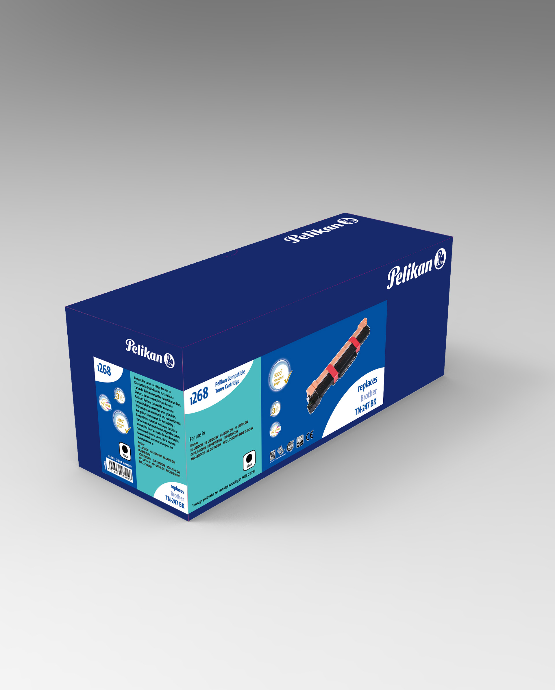 Scatola toner Pelikan blu, con testo e logo. Una cartuccia è visibile.