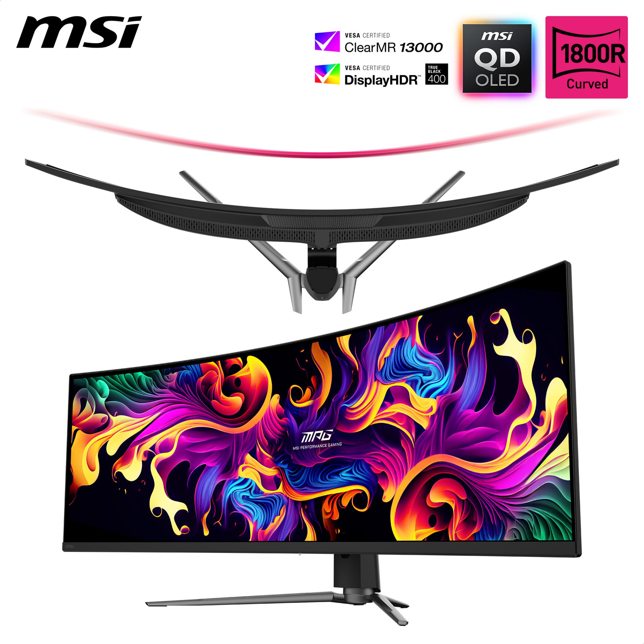Ein gebogener Monitor mit farbenfroher Anzeige. Er zeigt das MSI-Logo und einige Symbole.