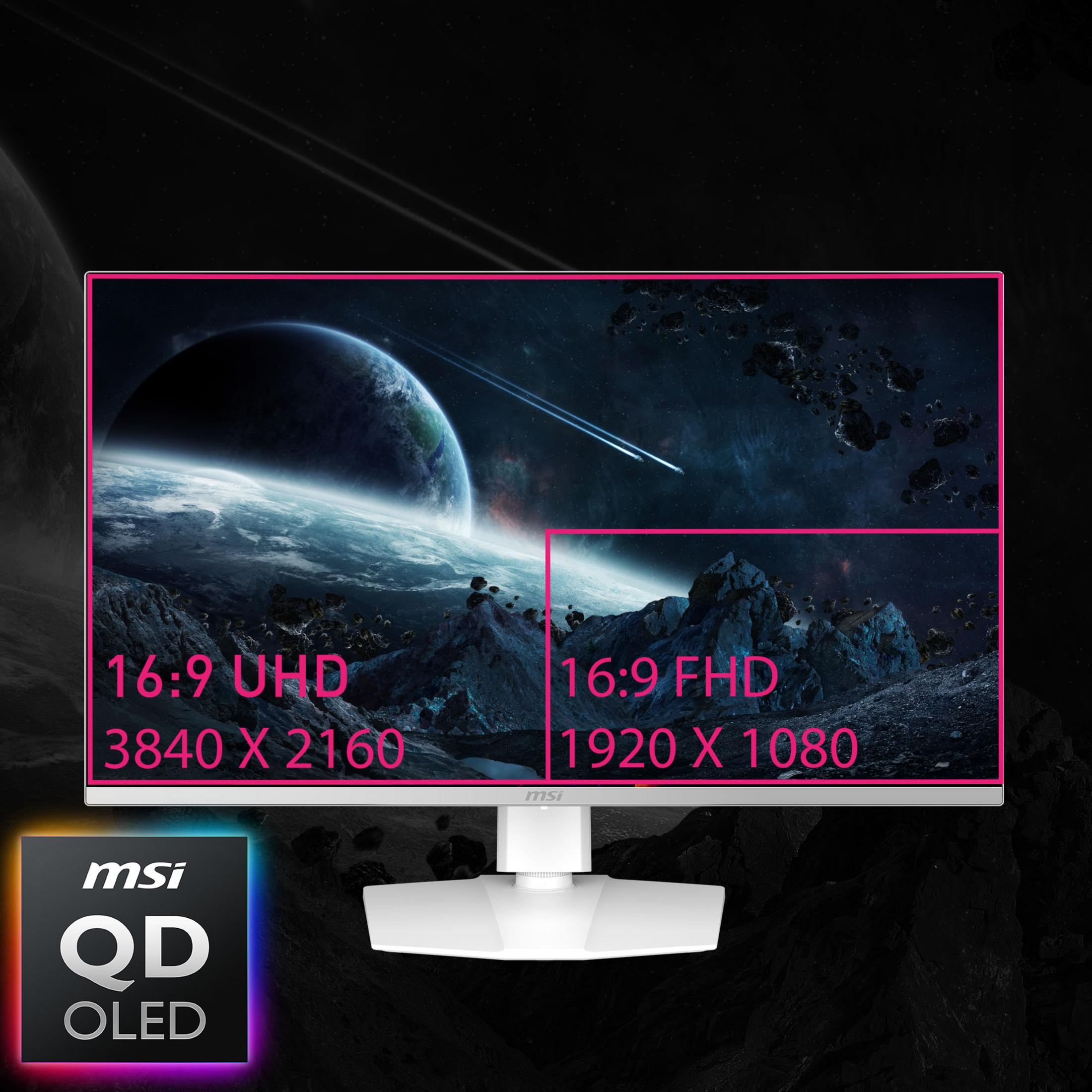 Biały monitor MSI wyświetlający scenę kosmiczną z opcjami 16:9 UHD i FHD.
