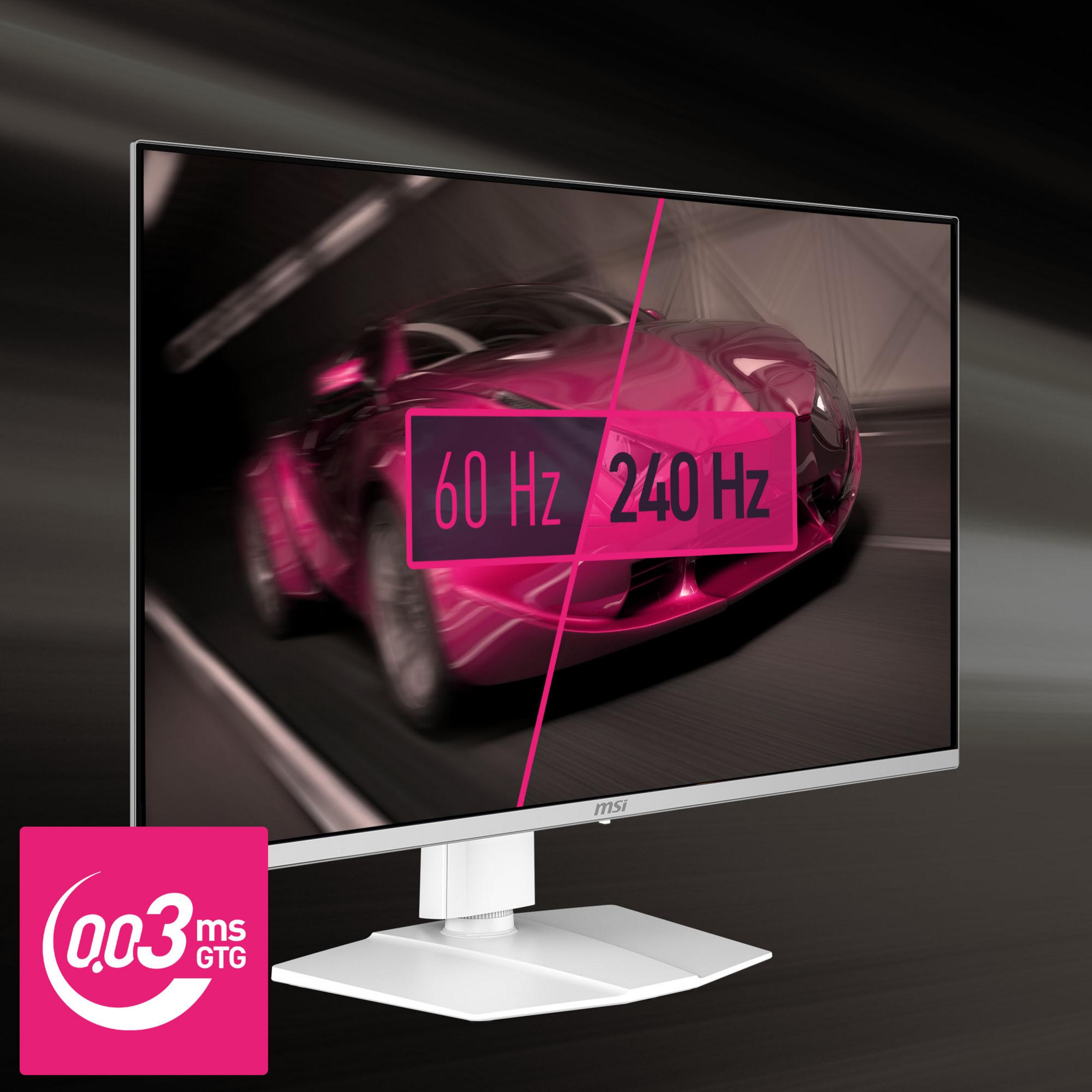 Monitor MSI z wyścigiem samochodowym. Pokazuje 60 Hz/240 Hz i 0,03ms GTG.