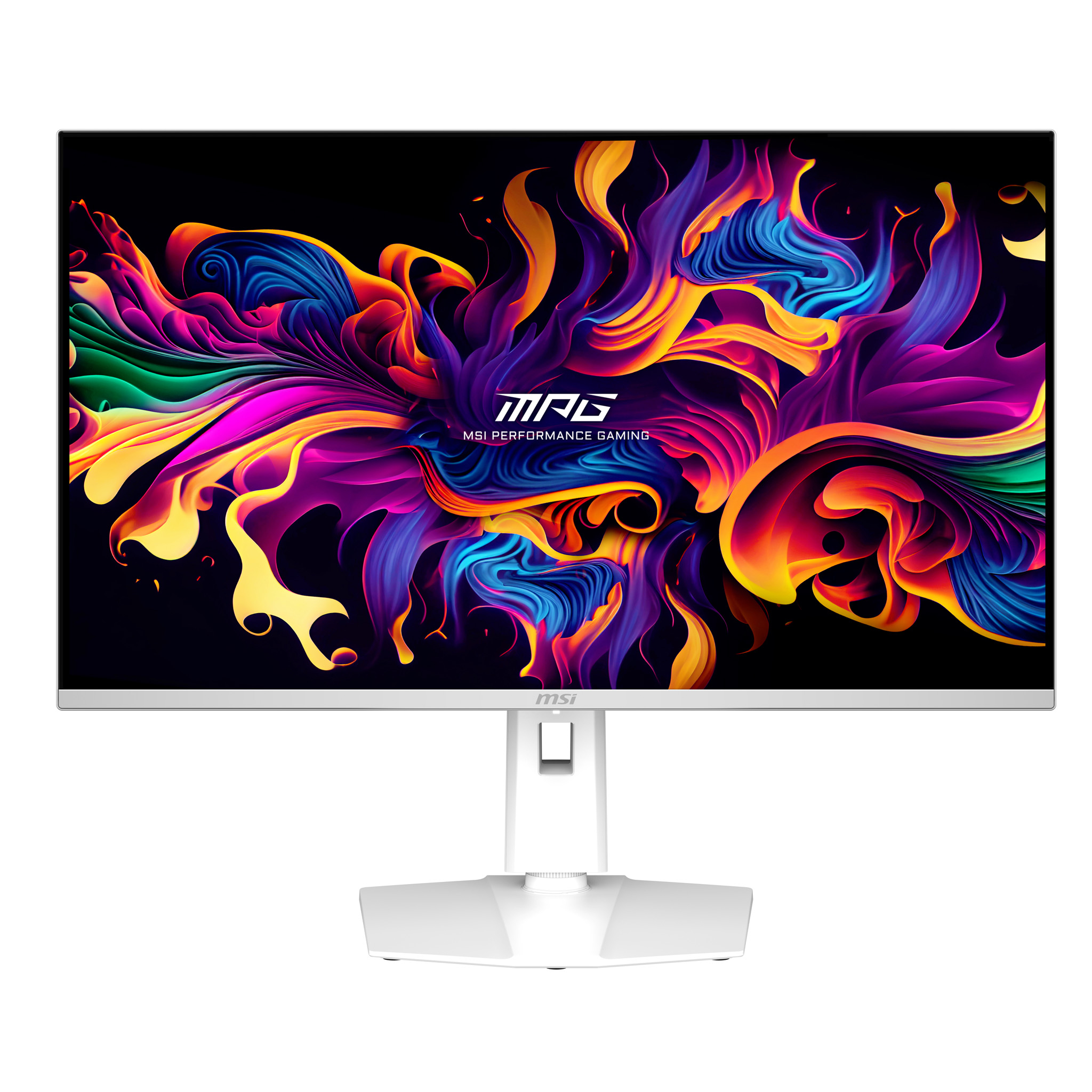 Biały monitor MSI z kolorowym wyświetlaczem. Ma białą podstawę i logo MSI.