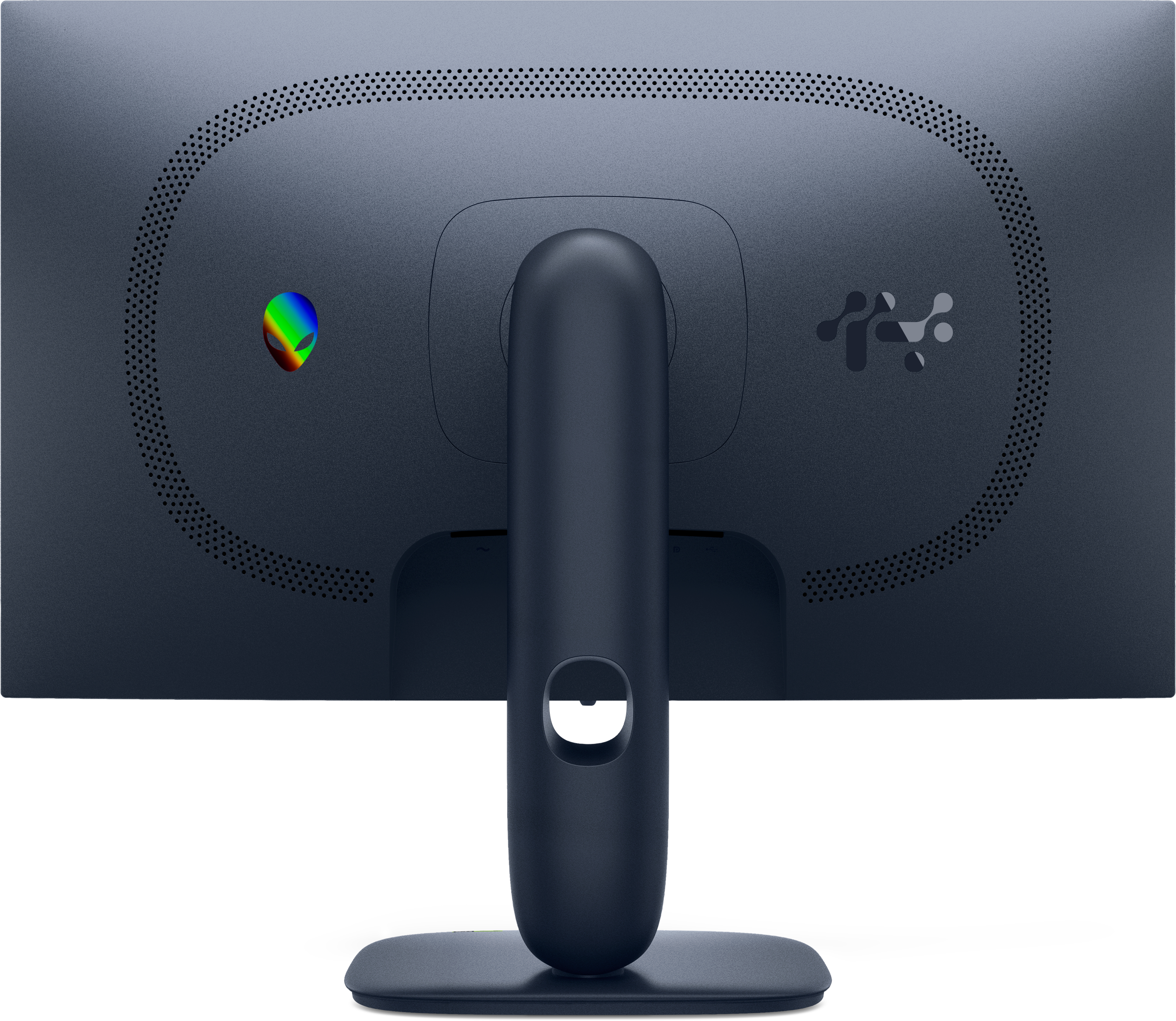 Widok z tyłu ciemnoniebieskiego monitora komputera ze stojakiem. Widoczne logo Alienware.