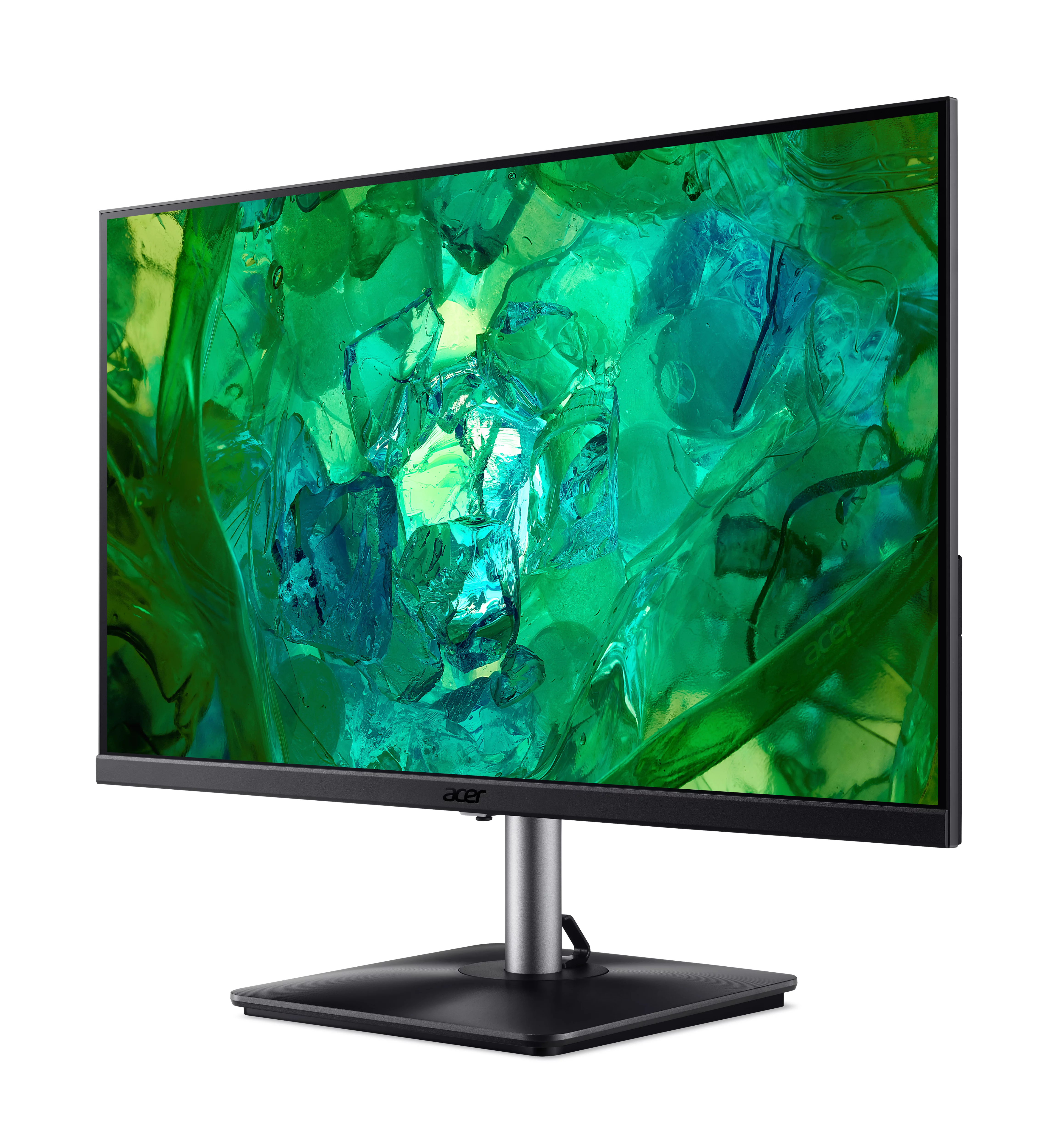 Un monitor per computer che mostra un'immagine verde astratta con un supporto argentato e una base nera.