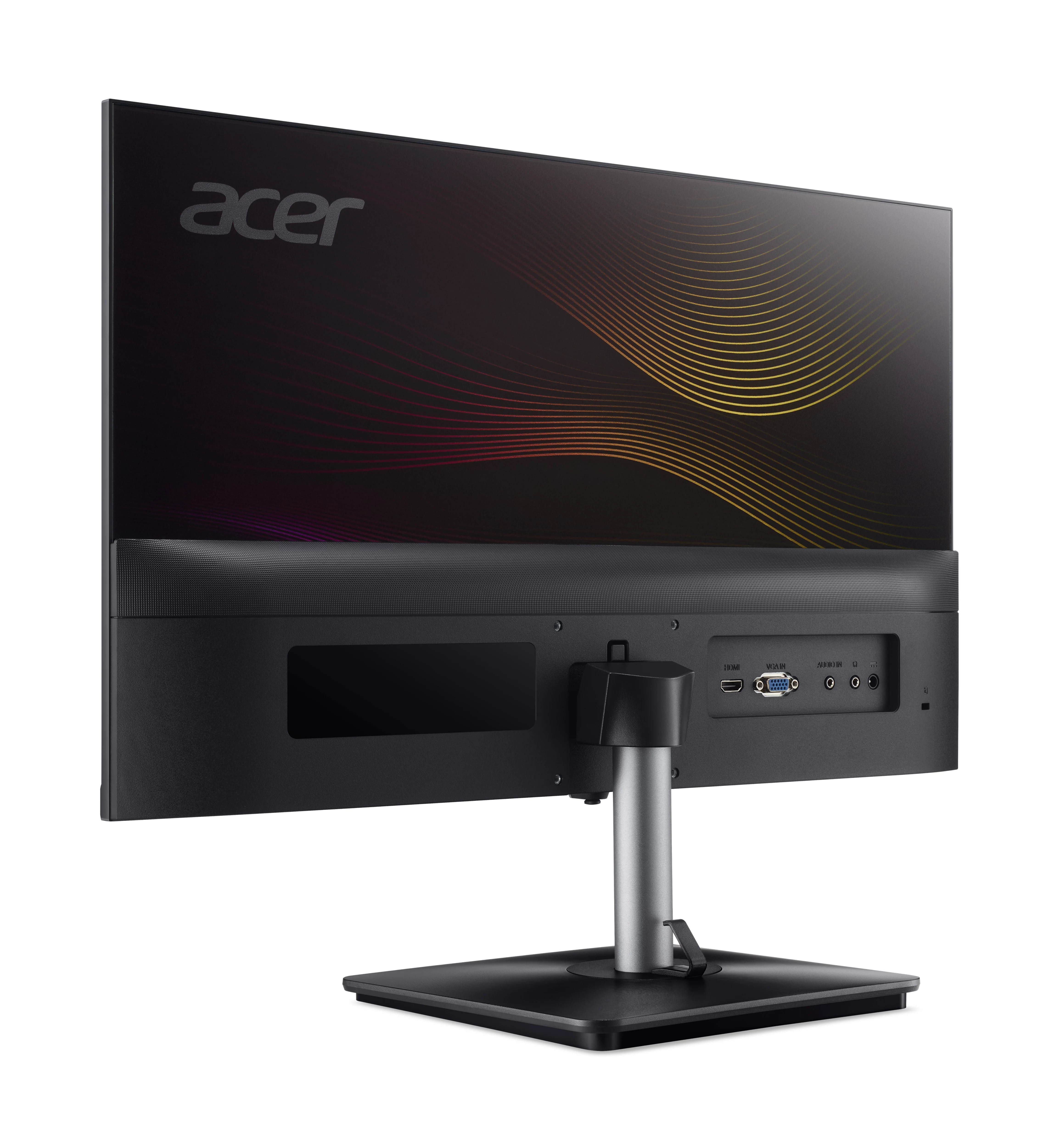 Il retro di un monitor nero con varie porte e un supporto. Il logo Acer è visibile.