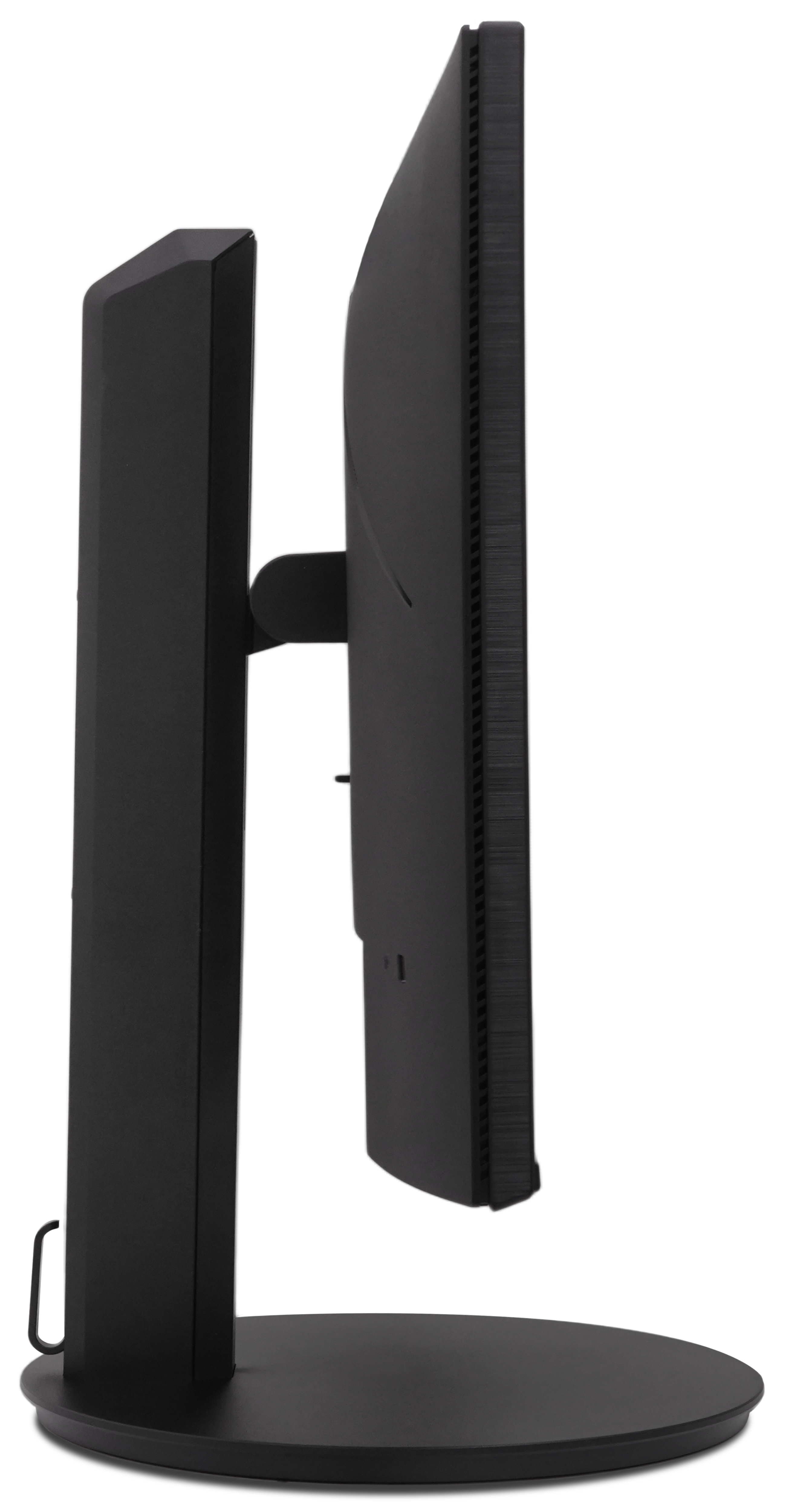 Black monitor, side view, with a black stand and a white background.