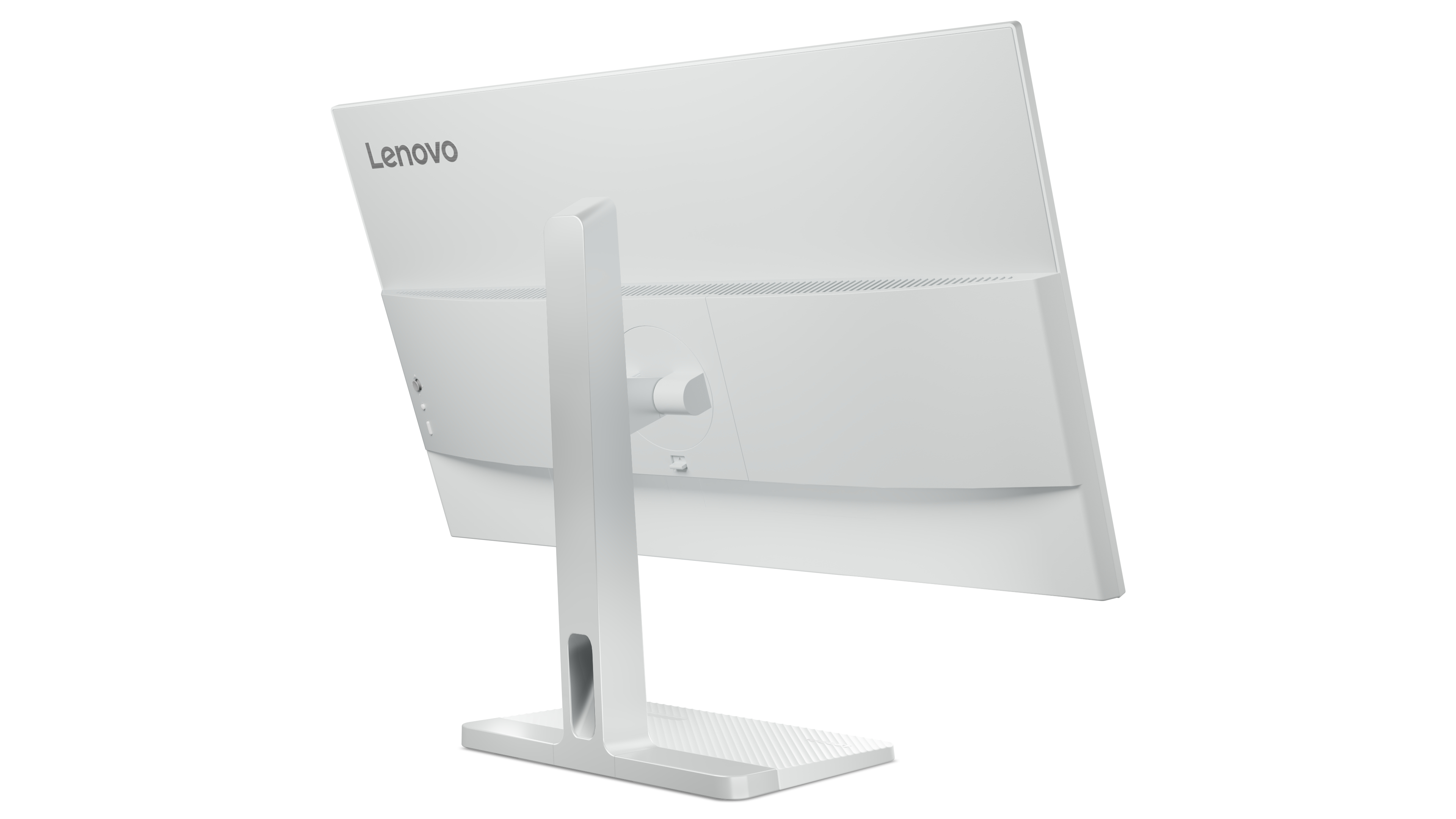 Tył białego monitora Lenovo, z logo Lenovo i podstawą z opcjami portów.