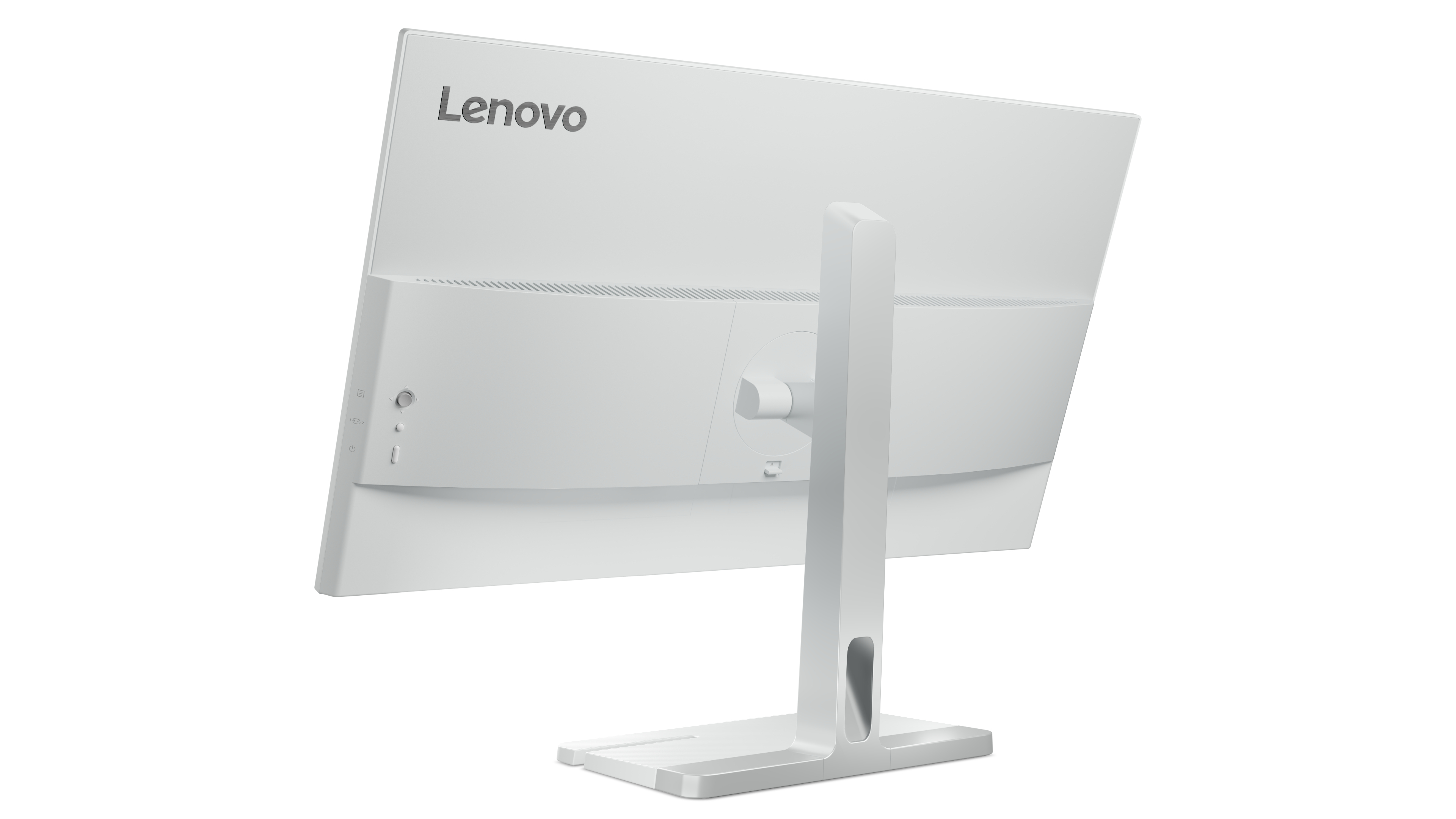 Tył białego monitora z logo Lenovo i portami. Biała podstawa i tło.