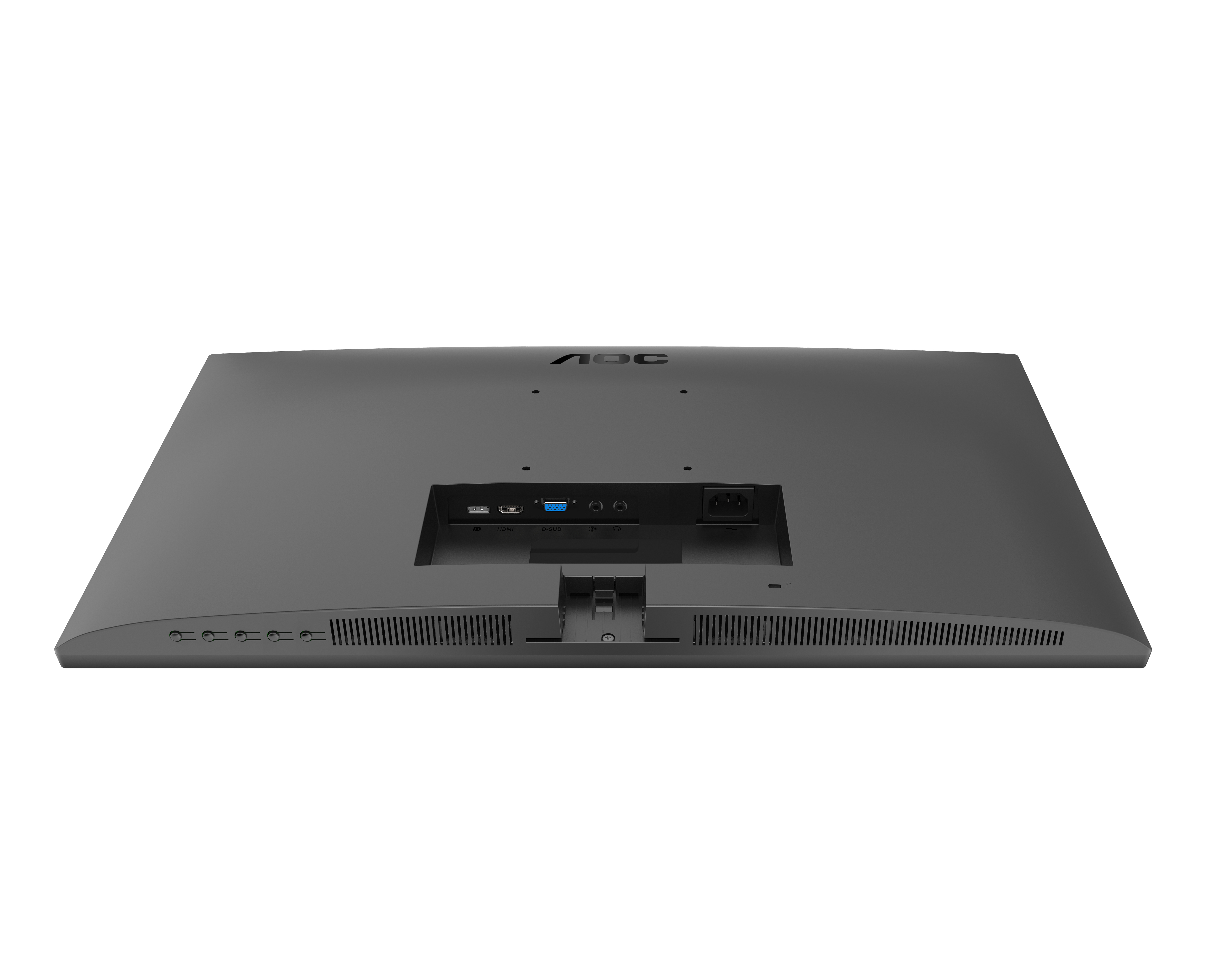 La parte trasera de un monitor de computadora gris, mostrando puertos, una entrada de alimentación y el logo de AOC.
