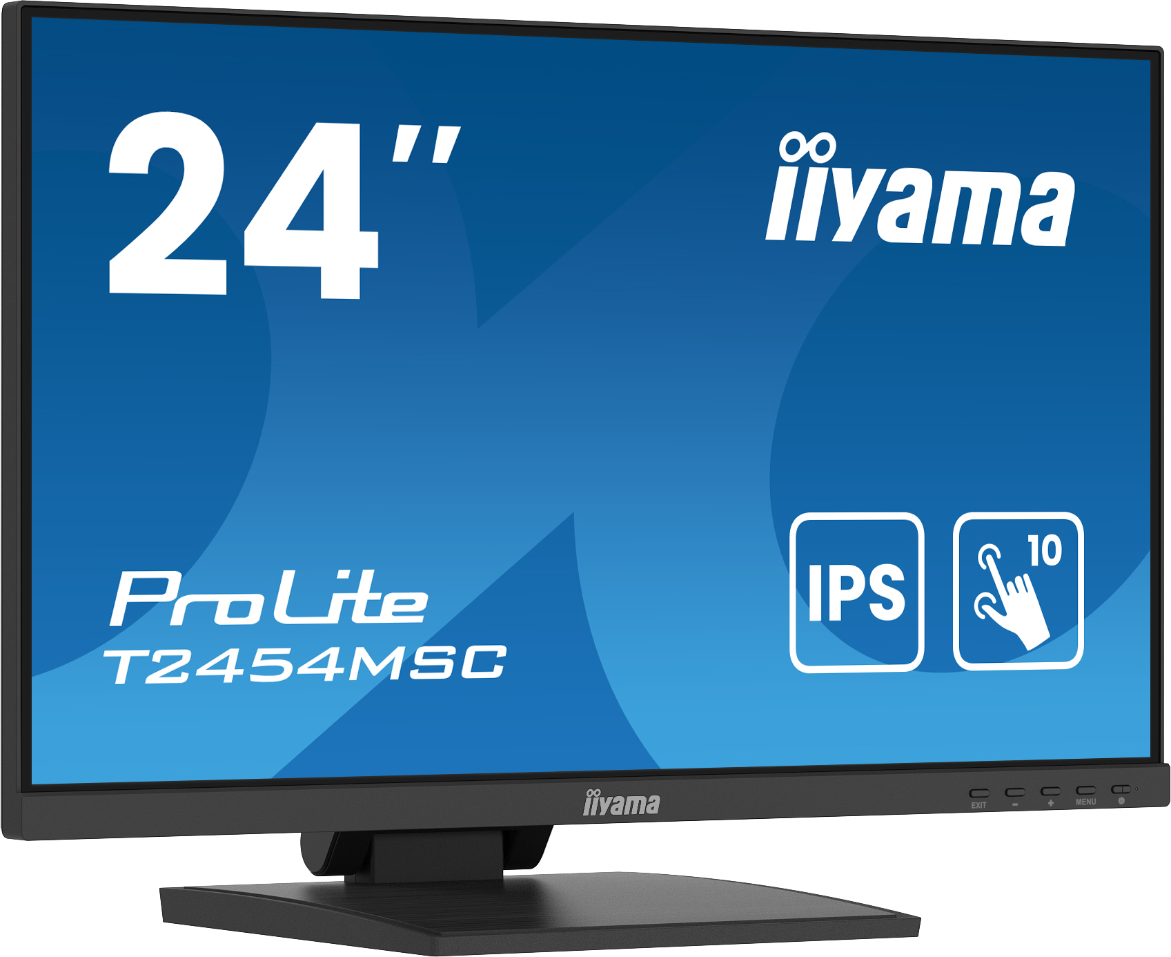 24" iiyama-Monitor, der einen blauen Bildschirm mit IPS- und Touchscreen-Symbolen anzeigt.