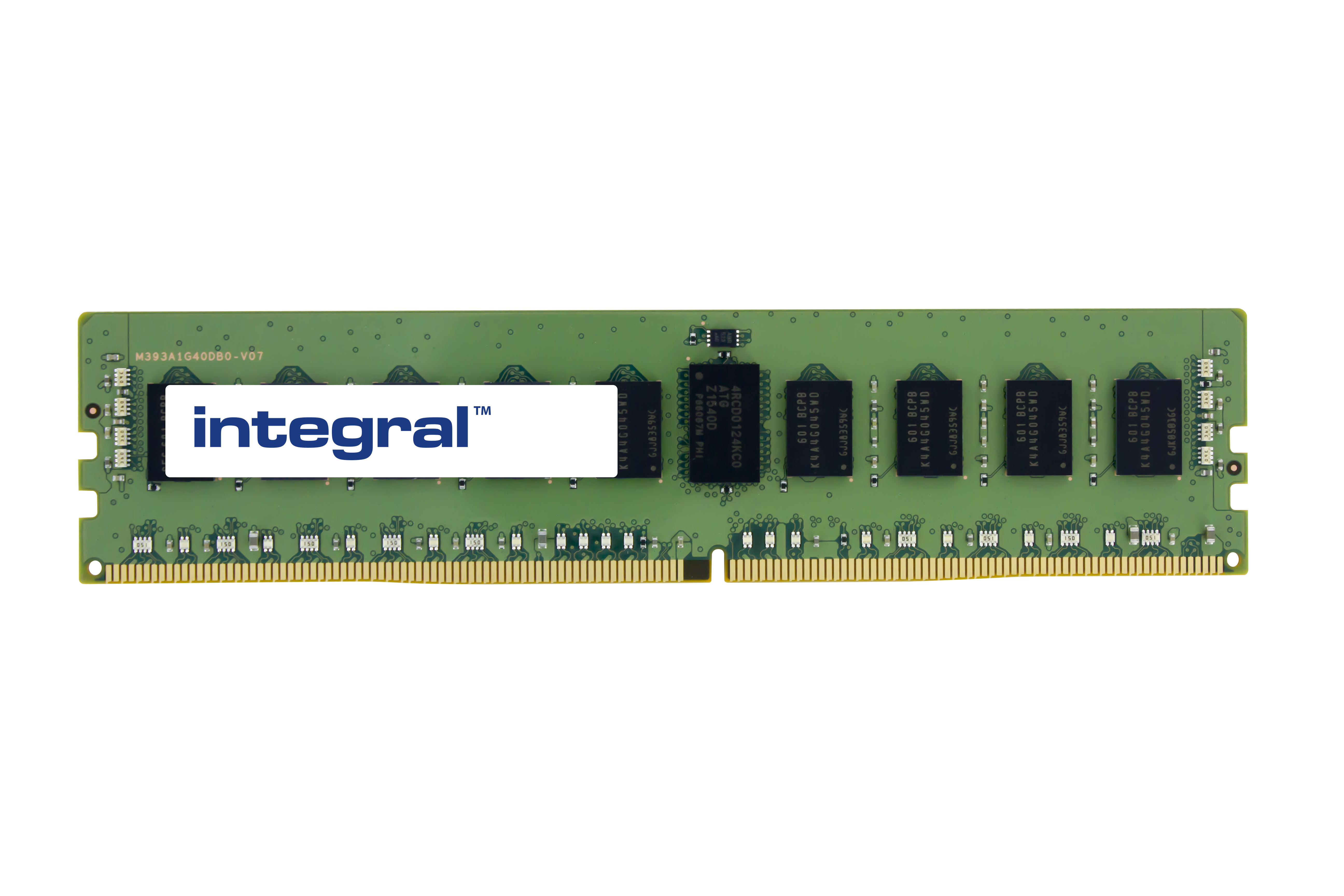Un modulo RAM verde con la parola "integral" e vari componenti elettronici.