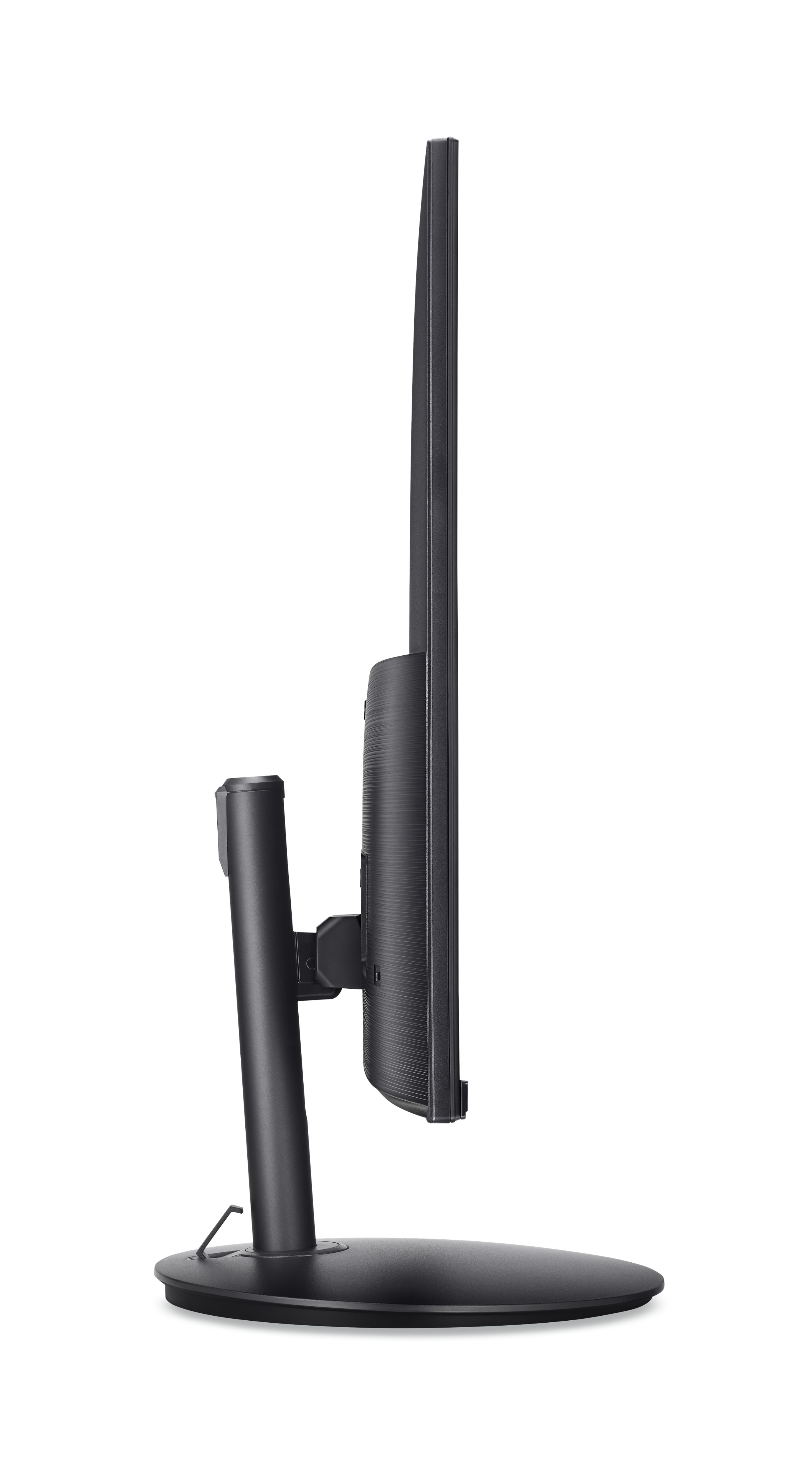 Monitor, widziany z boku, na białym tle. Jest czarny i ma prostą czarną podstawę.