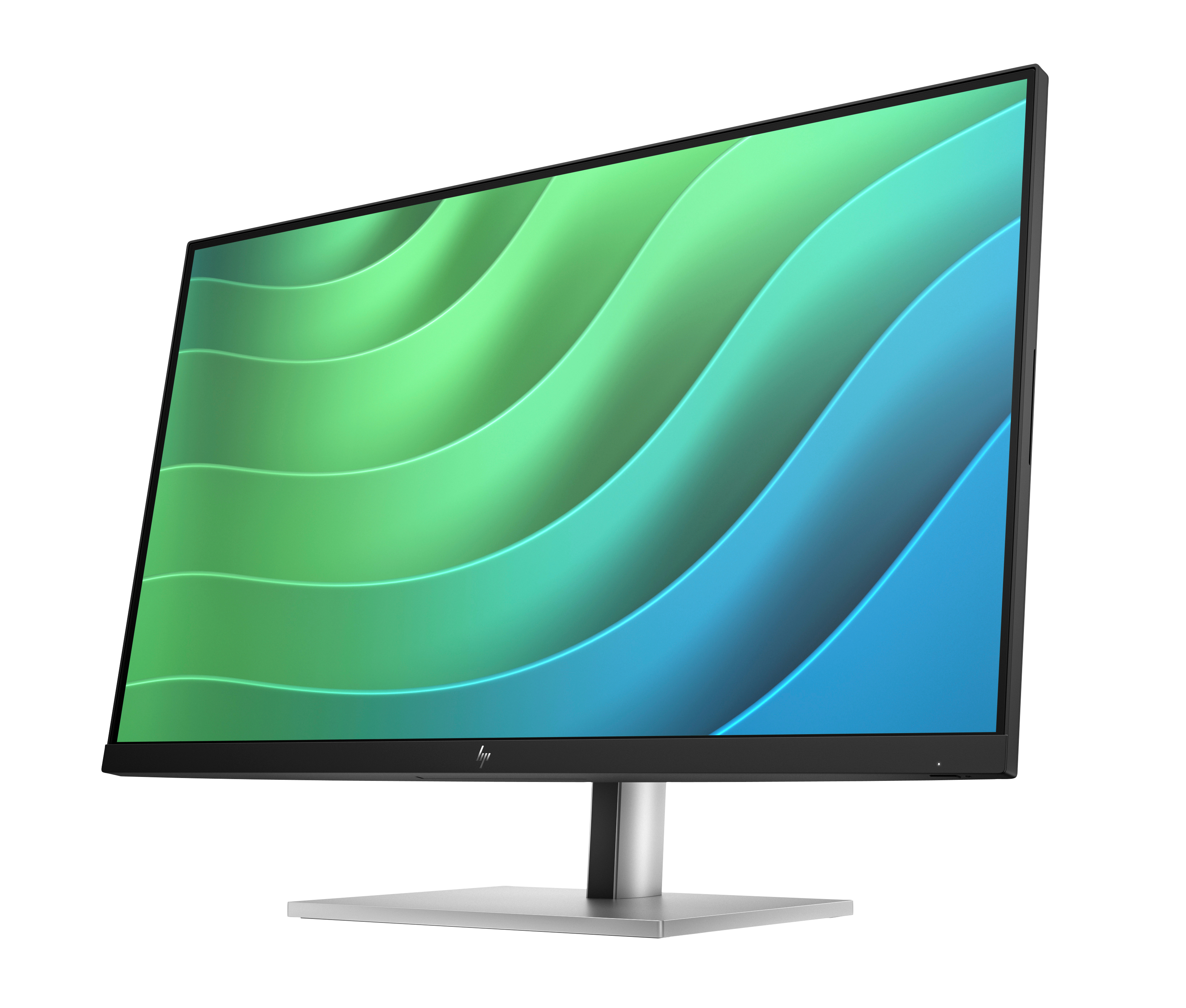 Ein Monitor, nach links geneigt, zeigt ein grünes und blaues abstraktes Bild mit einem silbernen Ständer.