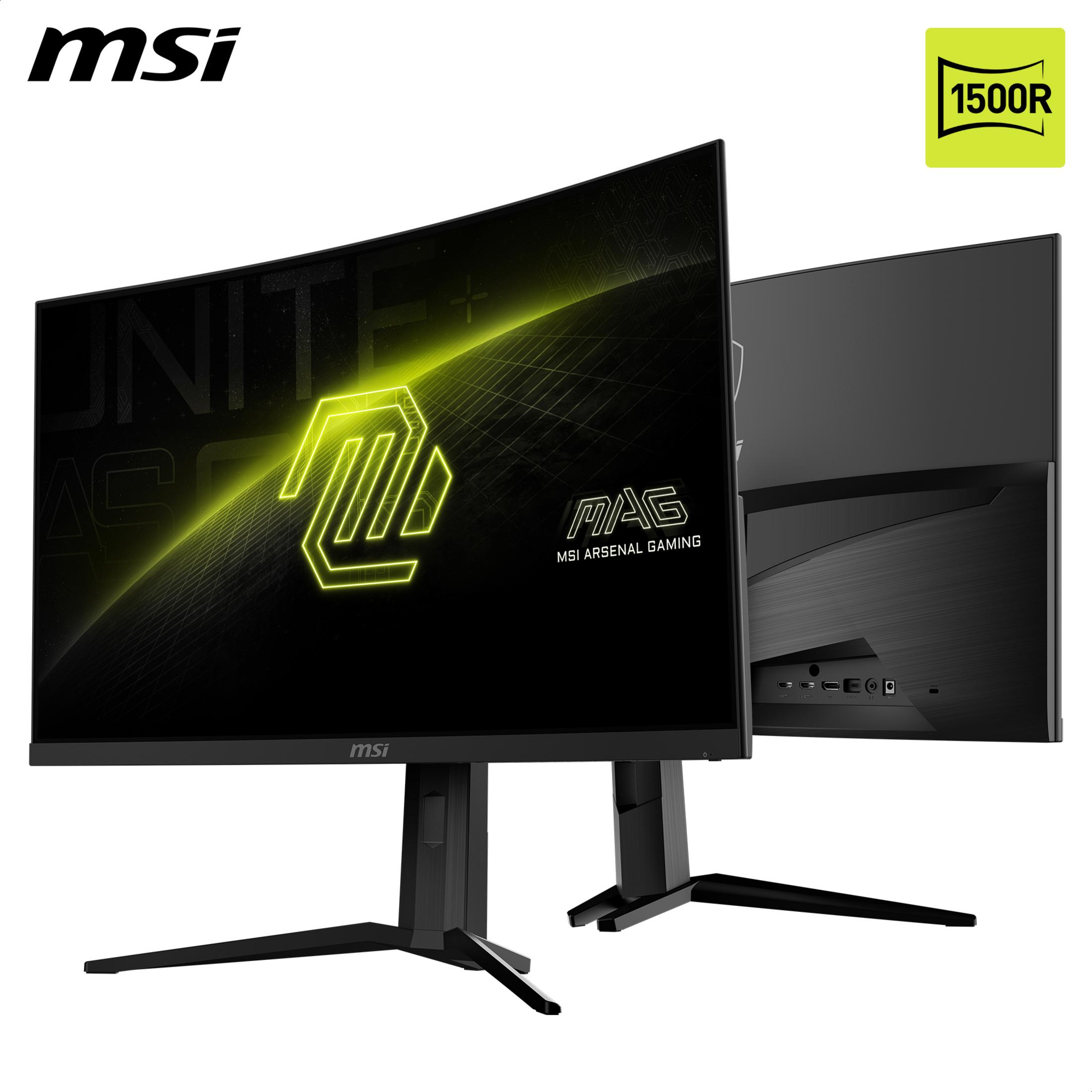 Dwa monitory MSI Curved Gaming na białym tle.