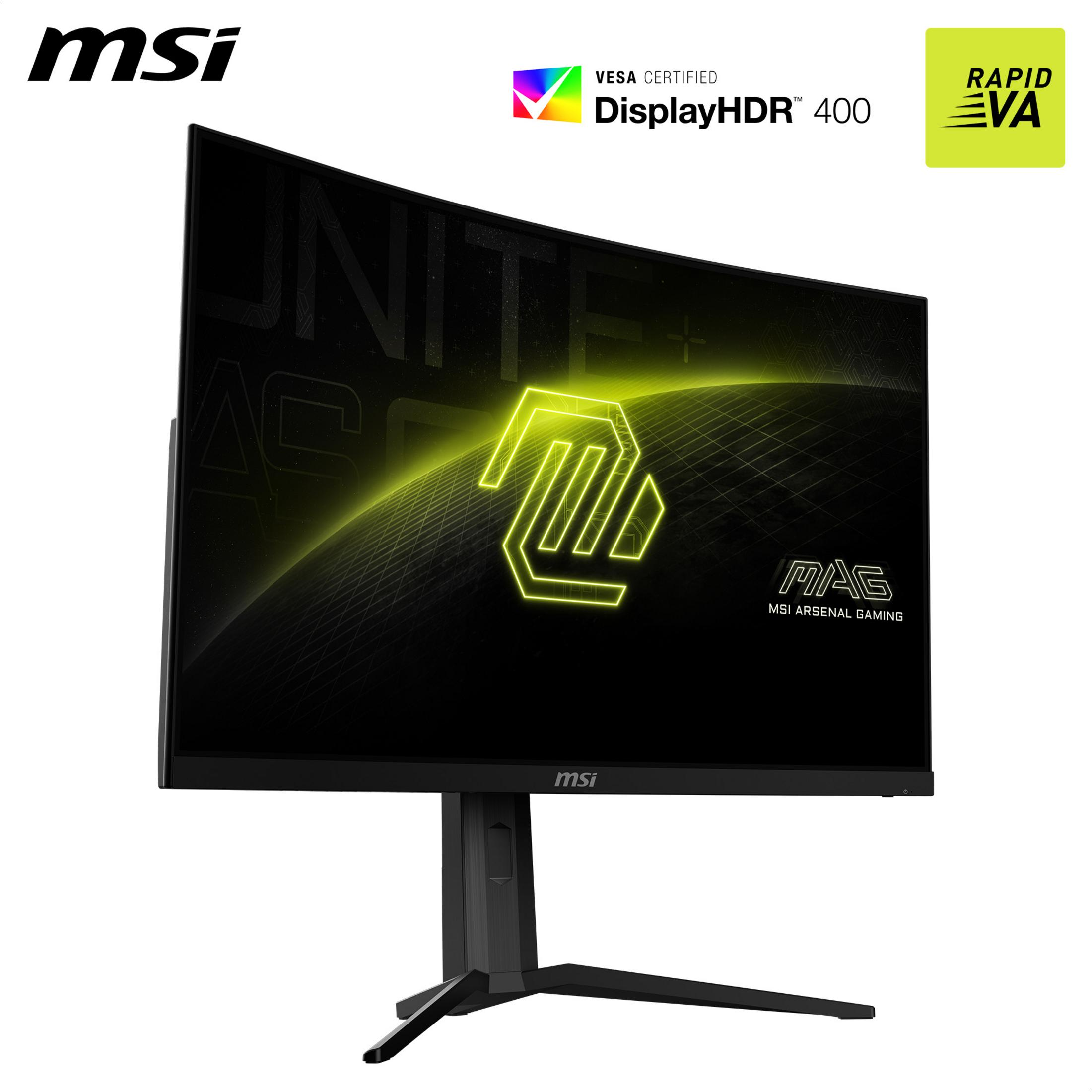 Monitor MSI, czarny z podstawą. Ekran wyświetla logo oraz słowa 'DisplayHDR 400' i 'Rapid VA'.