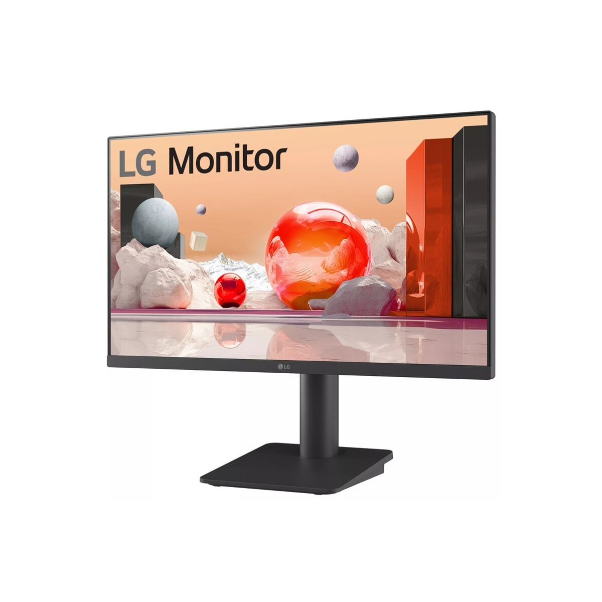 Monitor LG na czarnej podstawie. Ekran wyświetla abstrakcyjny obraz ze sferami i geometrycznymi kształtami.
