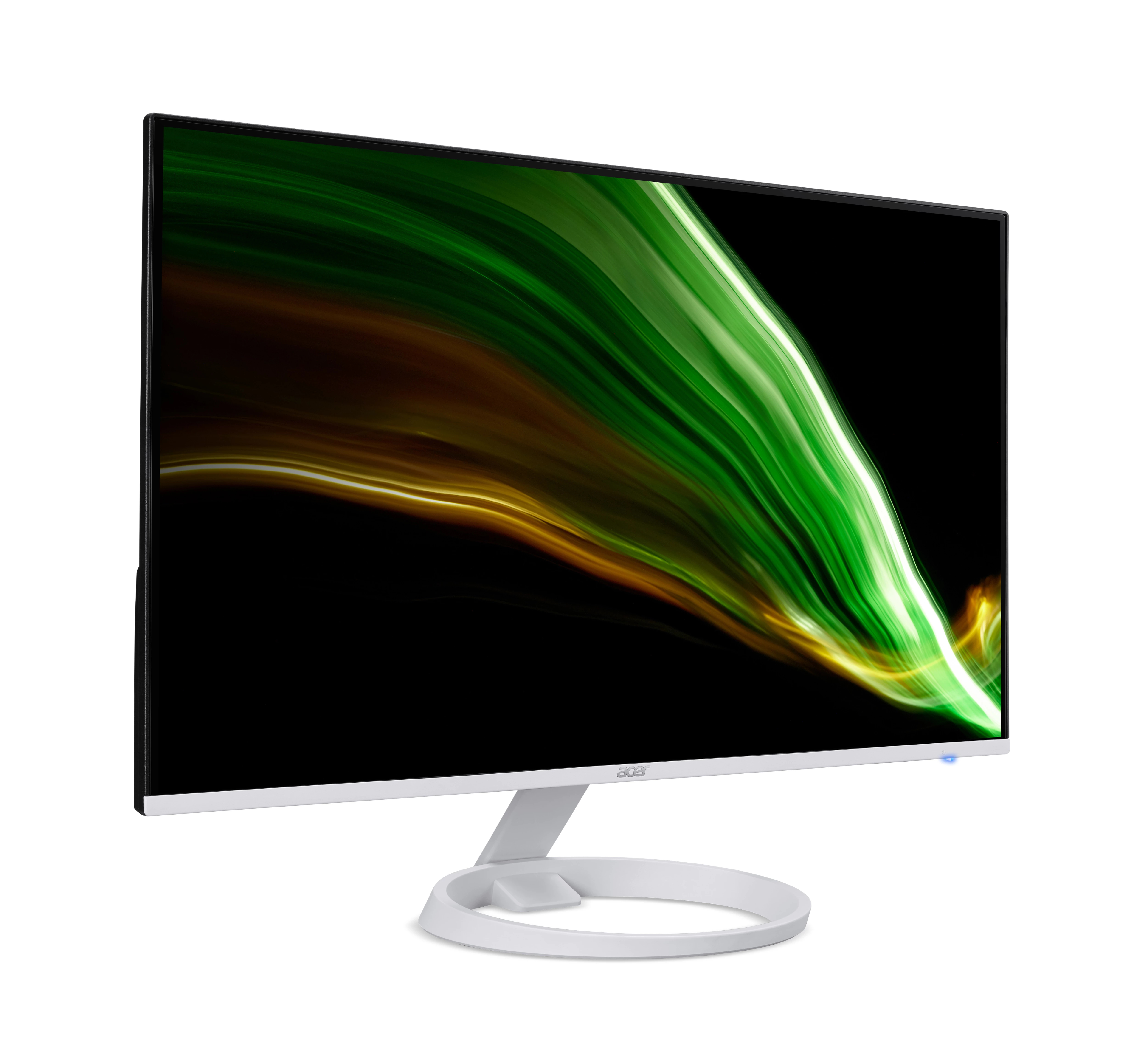 Un monitor Acer con un soporte blanco y una pantalla que muestra un gráfico colorido.