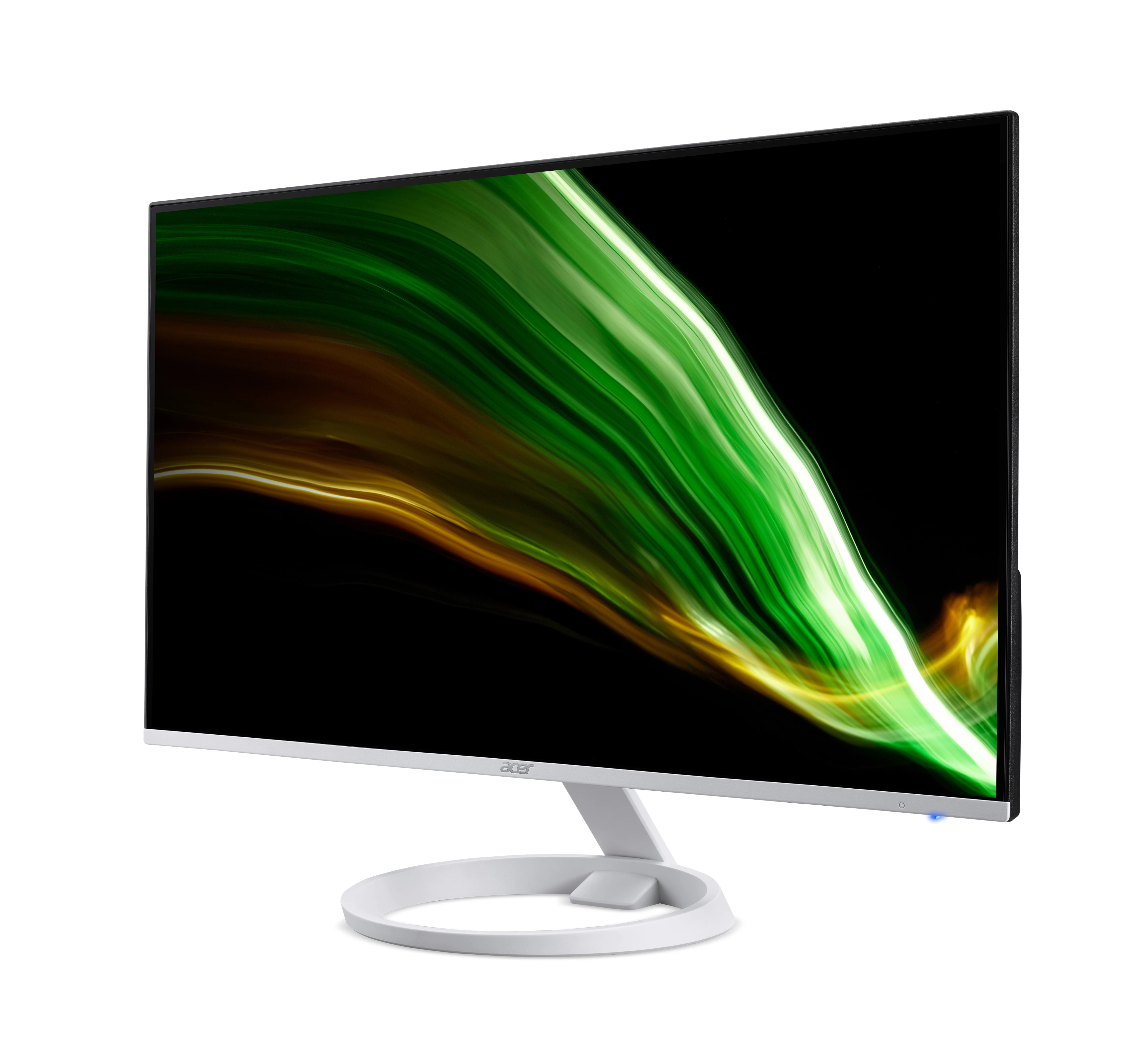 Monitor Acer blanco y plateado con diseño curvo y pantalla verde y amarilla.