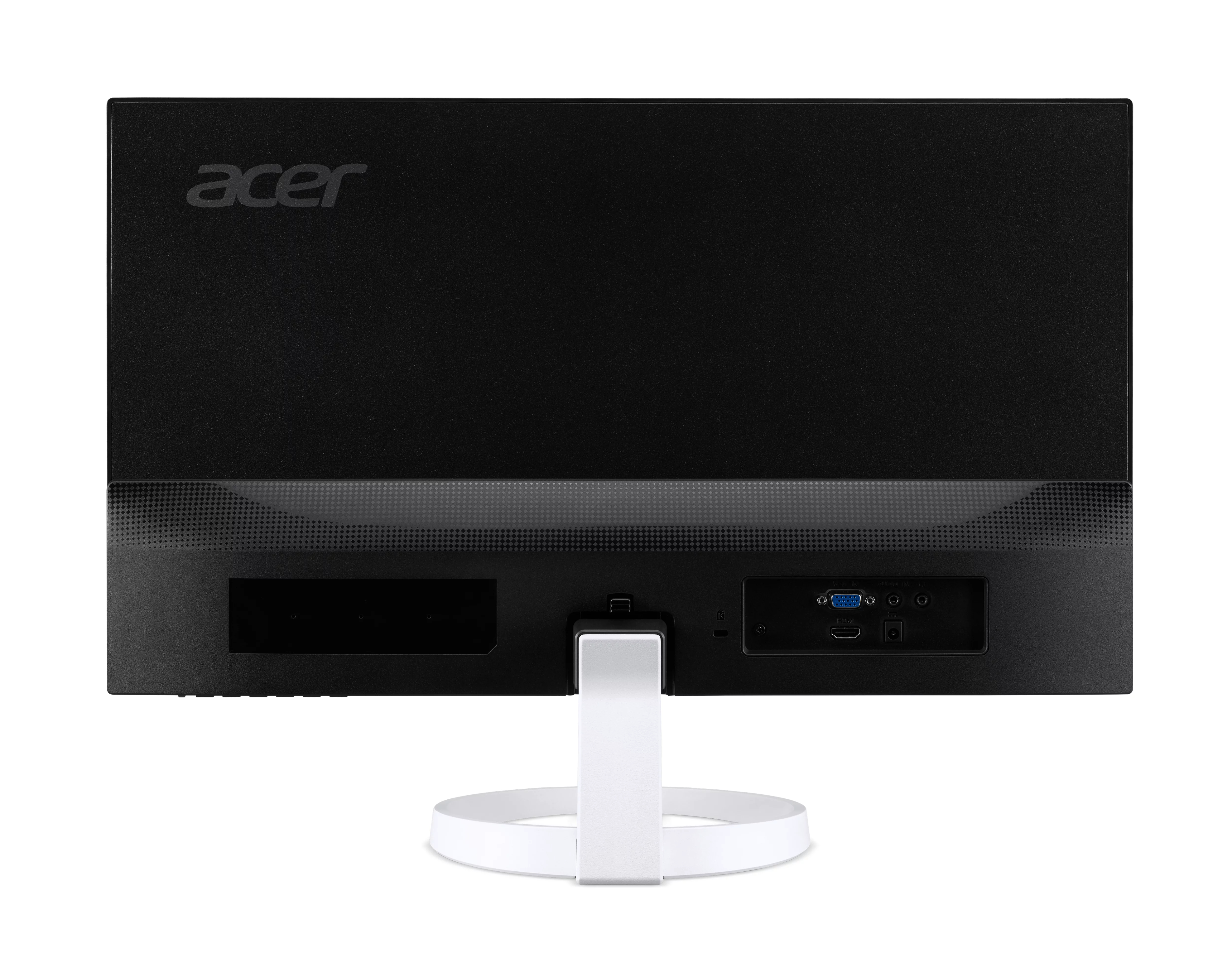 Parte trasera de un monitor de computadora negro con soporte blanco, con el logotipo de acer.