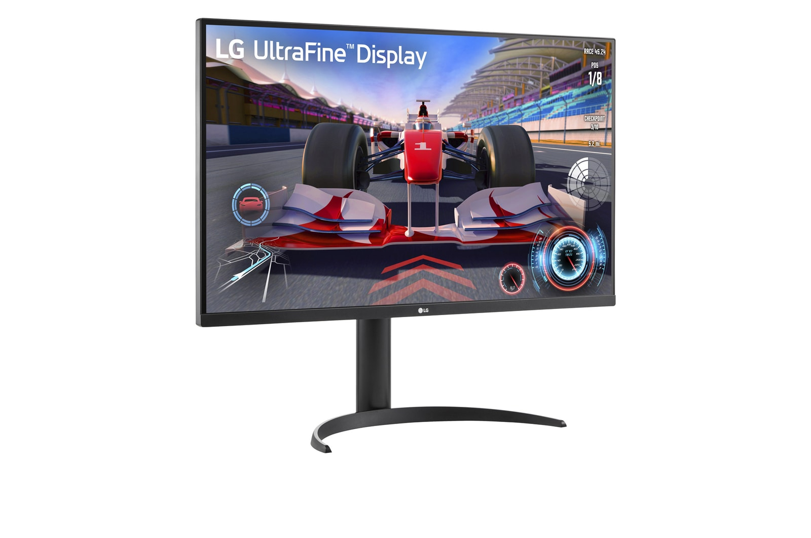 Un monitor de ordenador que muestra una escena de un juego de carreras, con el logotipo de LG UltraFine.