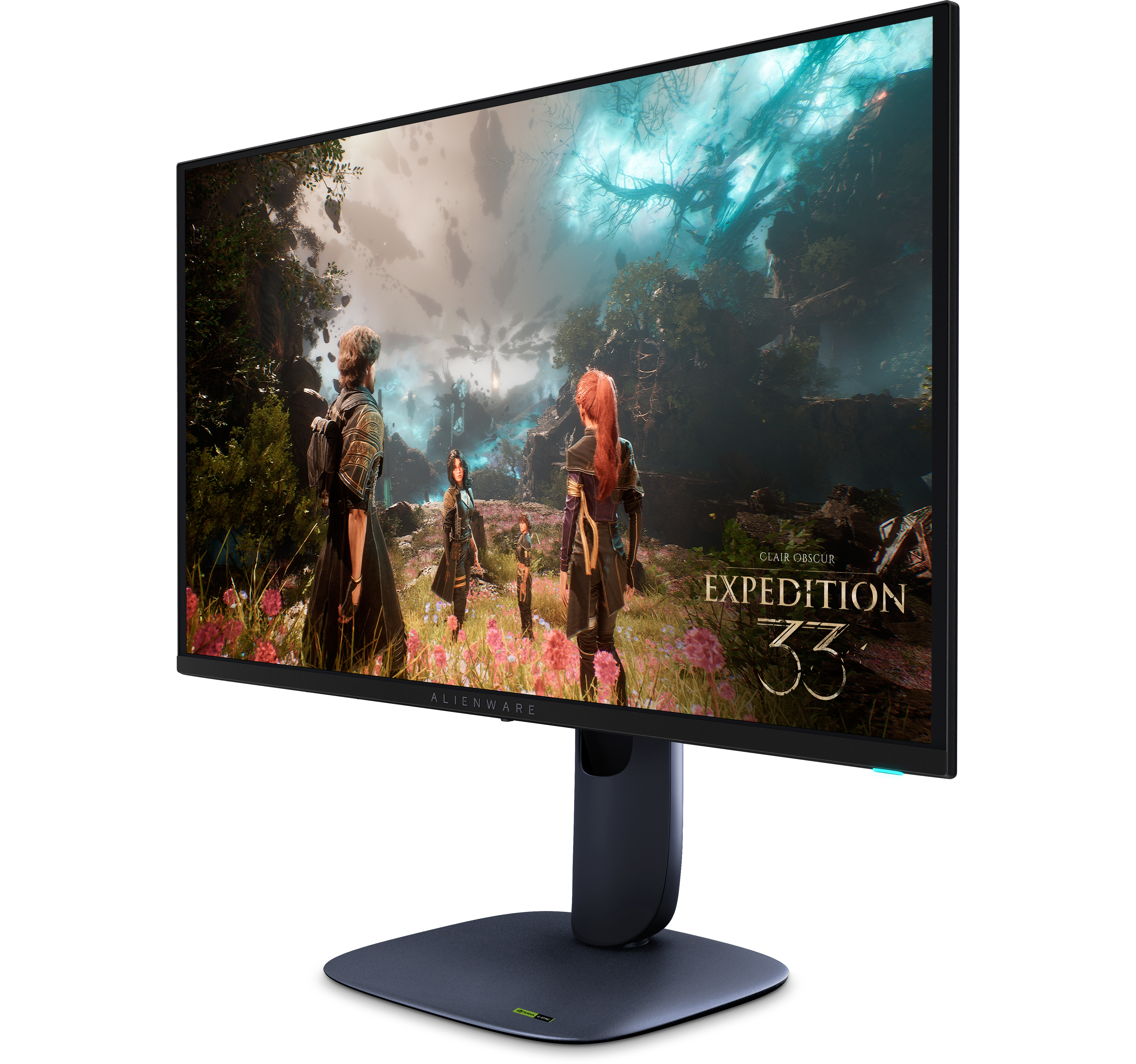 Monitor Alienware wyświetlający scenę z gry z postaciami i tekstem.