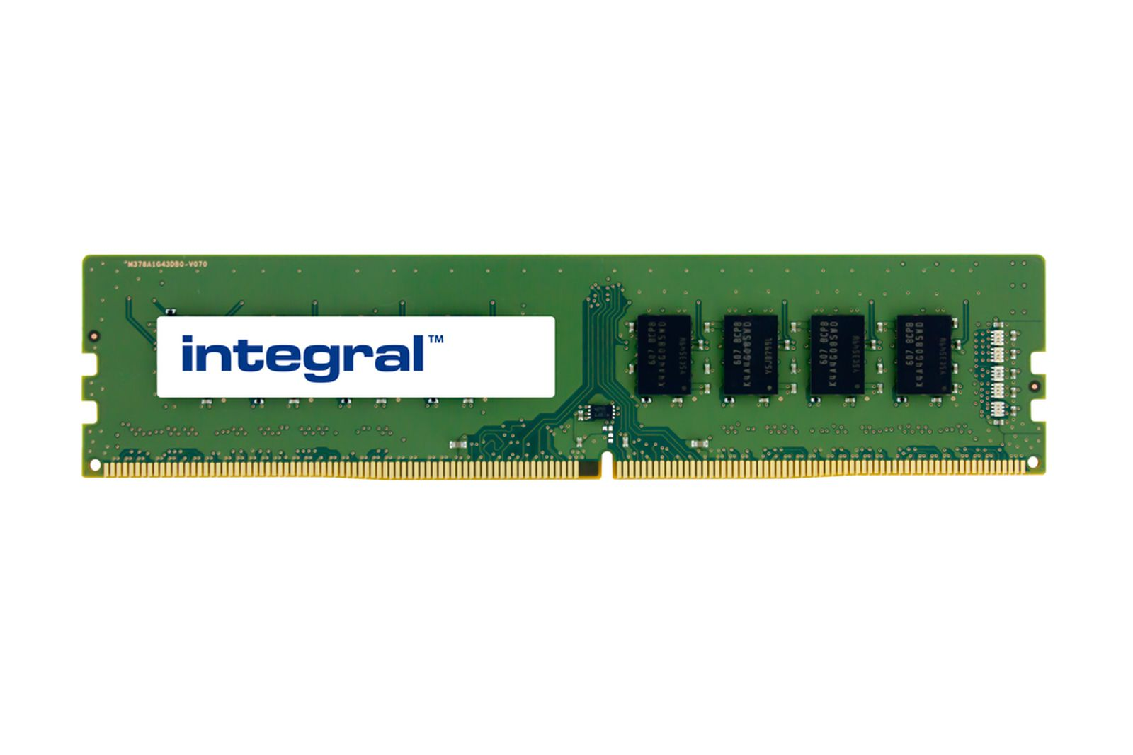 Modulo RAM verde con logo 'integral' e chip, sfondo bianco.