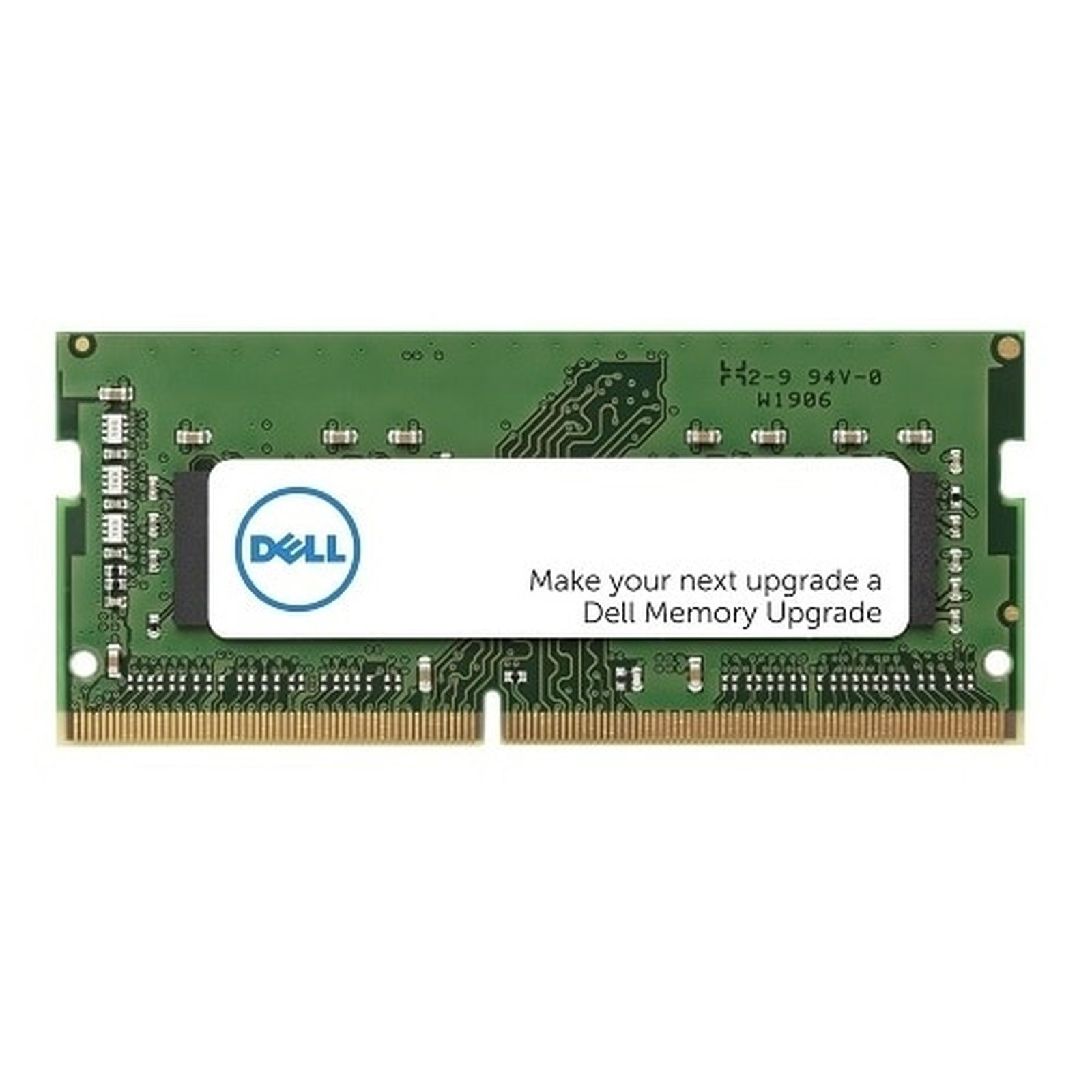 Modulo RAM verde con etichetta bianca Dell. Testo: 'Make your next upgrade a Dell Memory Upgrade'.