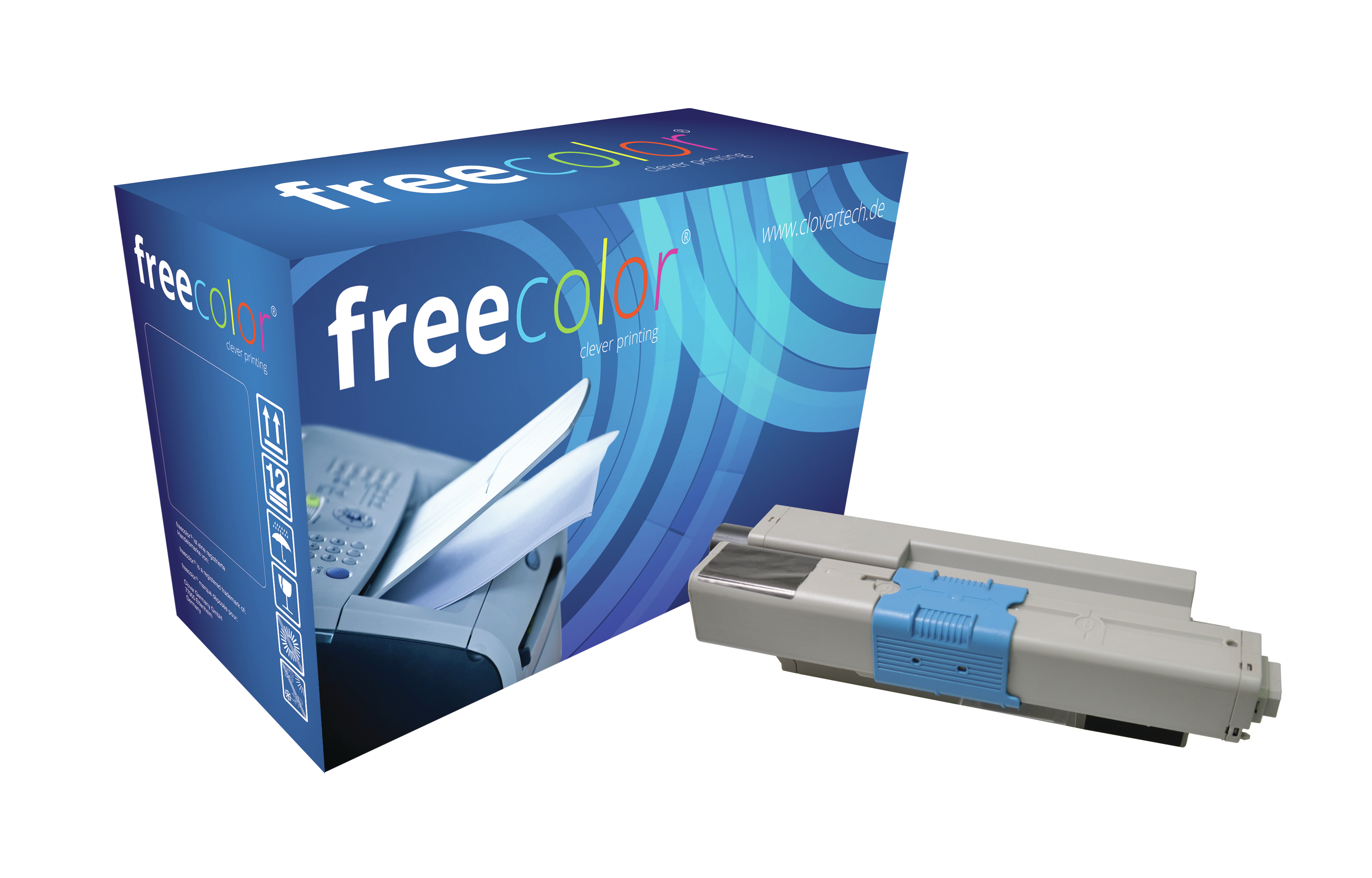 Niebieskie pudełko ze zdjęciem drukarki i szaro-niebieskim tonerem.