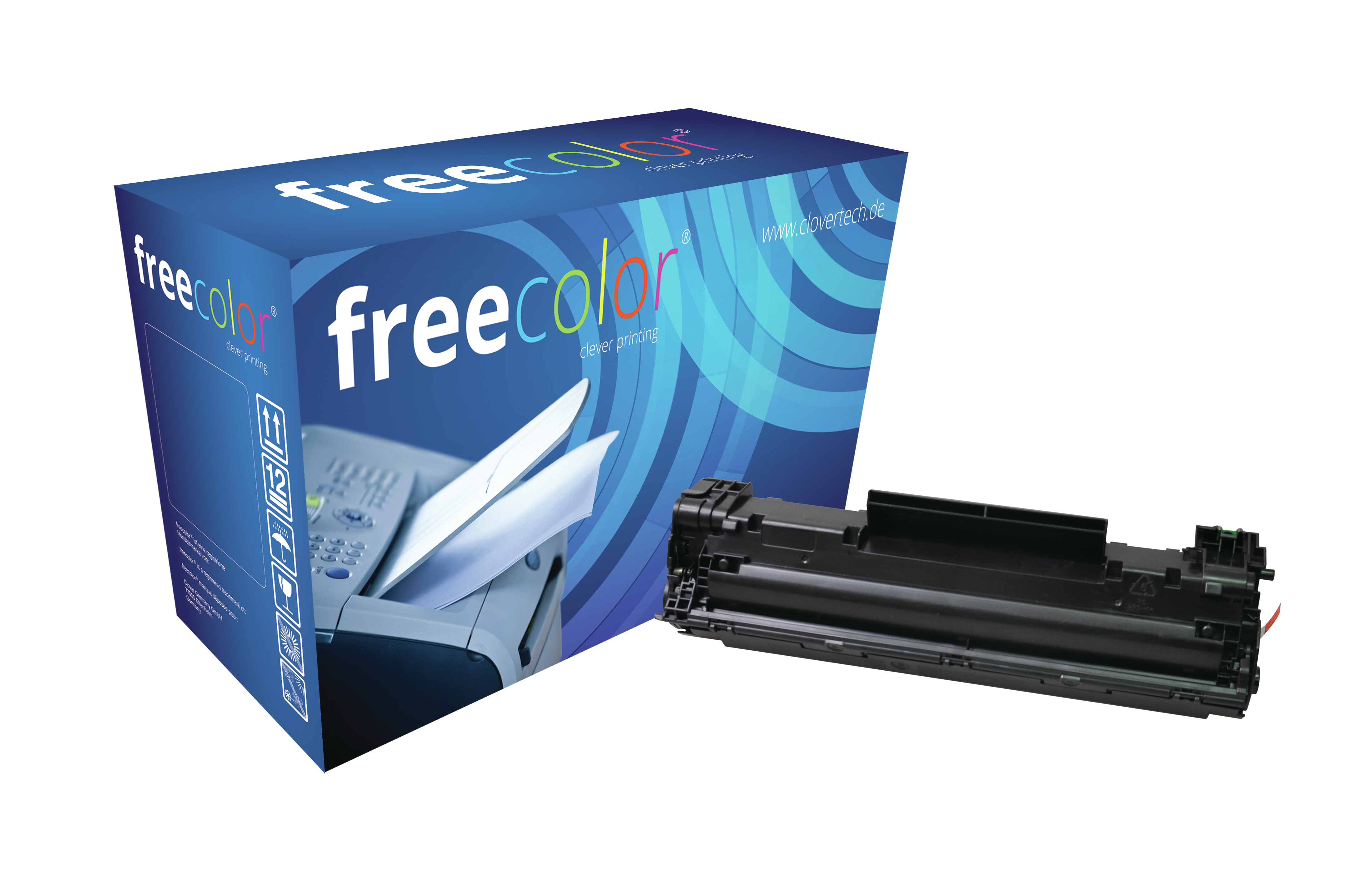 Una cartuccia per stampante e una scatola di toner 'freecolor'. La scatola è blu. La cartuccia è nera.
