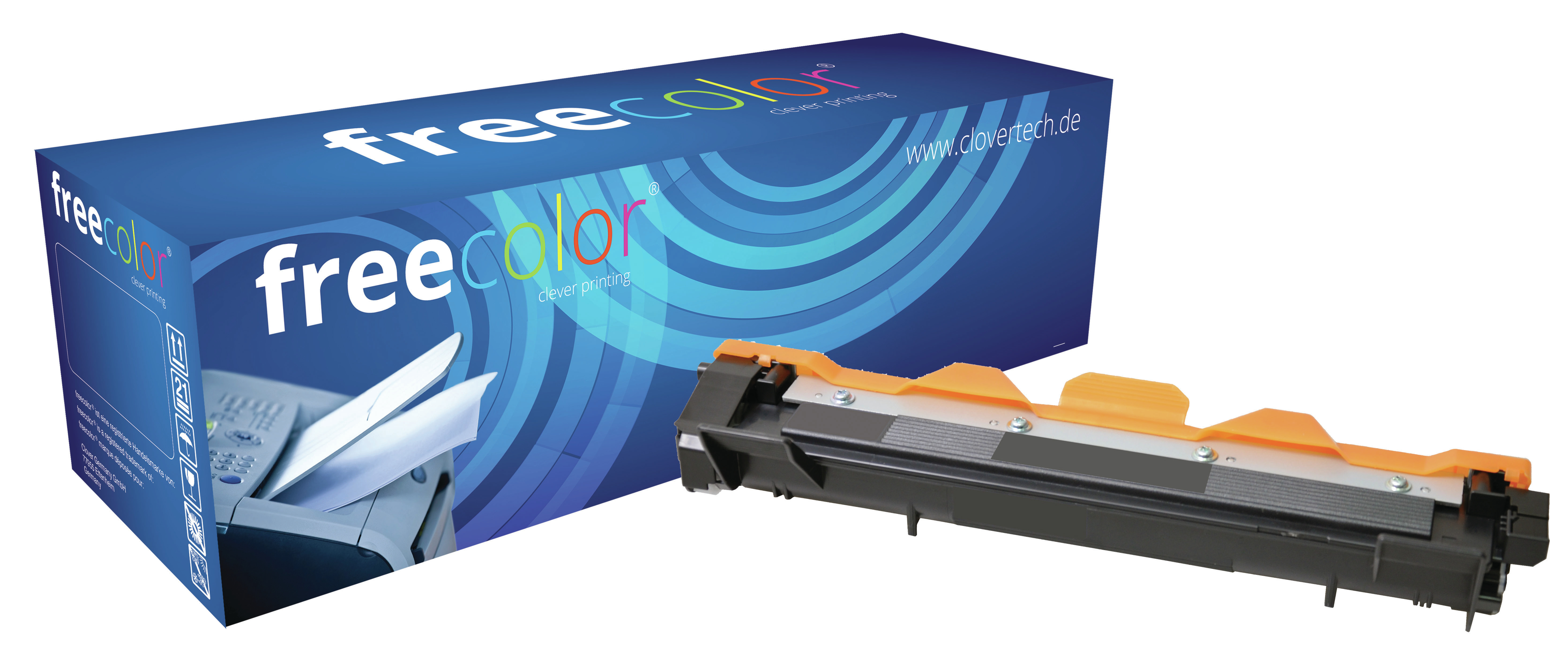 Cartuccia toner con dettagli arancioni e scatola con testo 'freecolor'.
