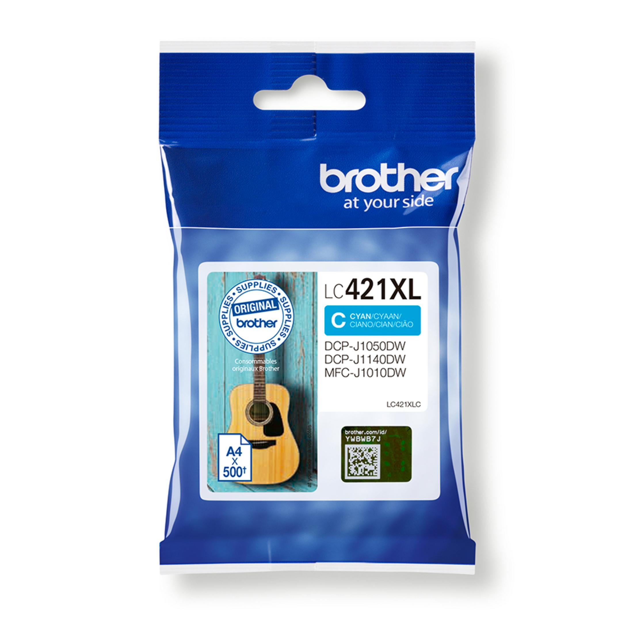 Brother LC421XL cyan ink cartridge in a plastic bag. The bag is blue.