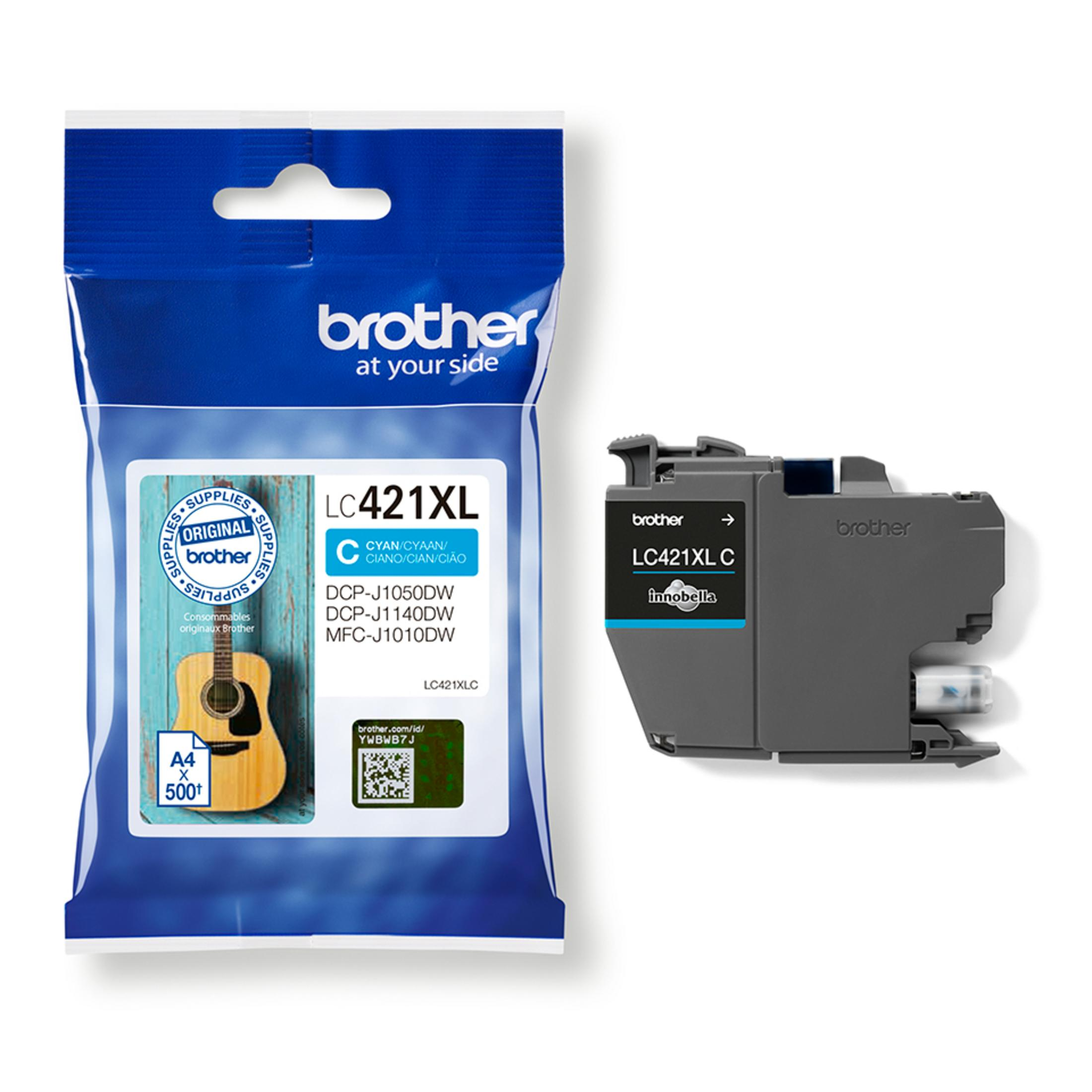 Cyan ink cartridge in a blue Brother package with a guitar graphic.