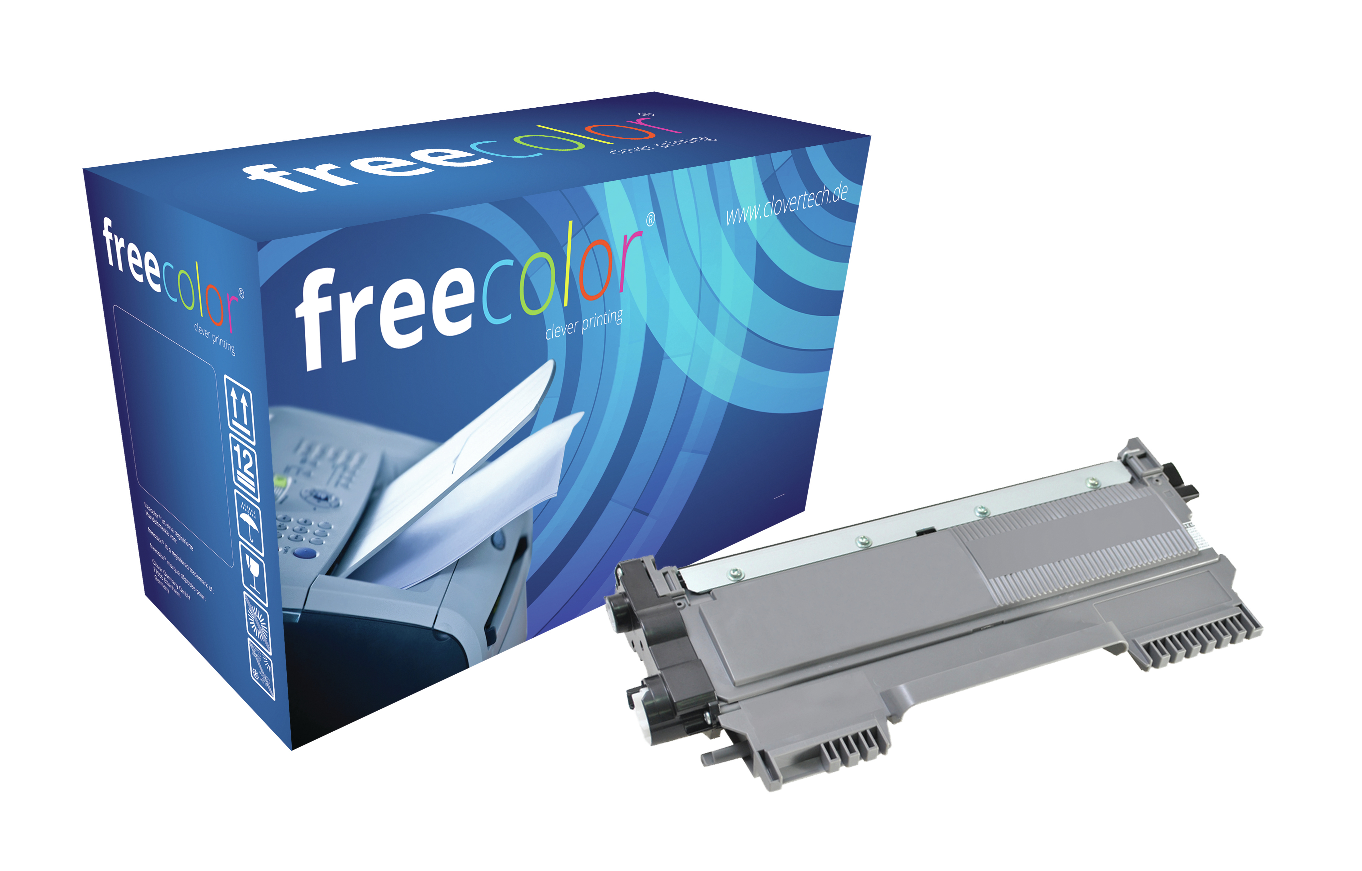 Scatola con 'freecolor' e cartuccia toner grigia.