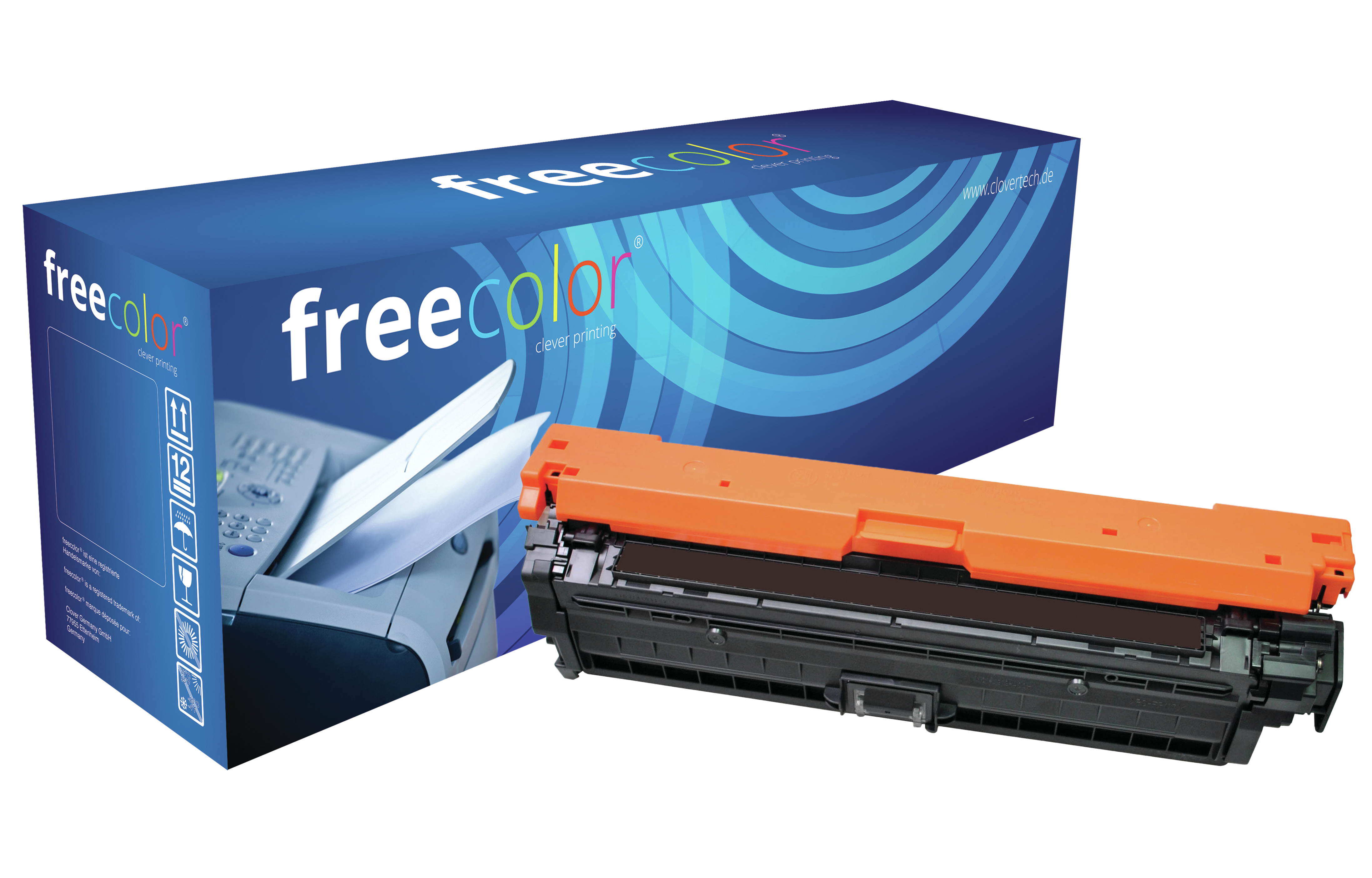 Pudełko i wkład z tonerem. Wkład jest czarny i pomarańczowy. Pudełko jest niebieskie, ze zdjęciem drukarki.