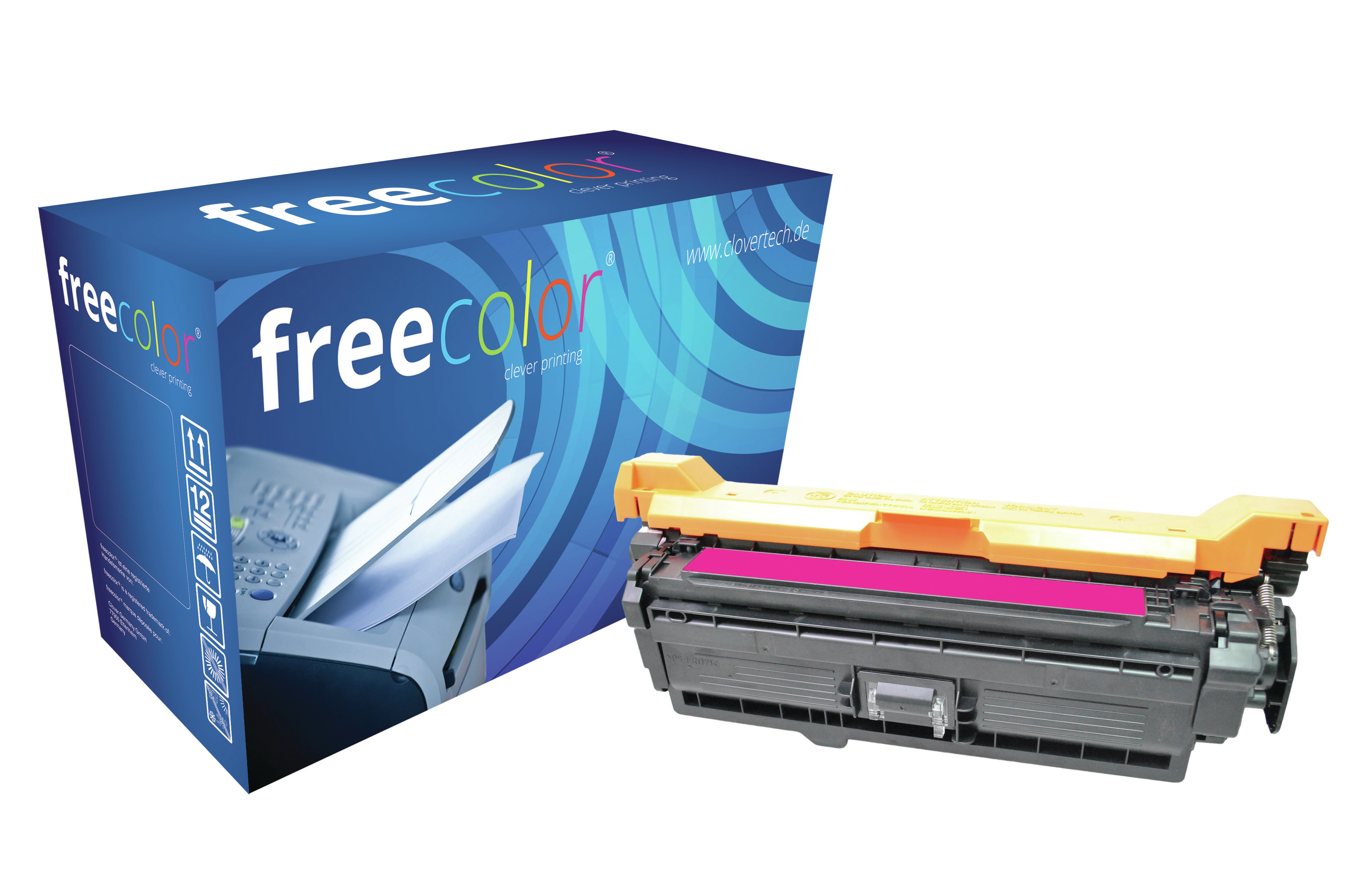Cartuccia toner magenta e scatola. La scatola riporta 'freecolor' e 'clever printing'.
