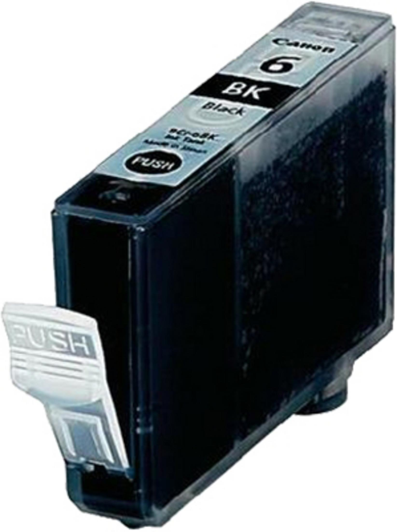 Eine schwarze Canon Tintenpatrone mit weißem 'Push'-Etikett auf weißem Hintergrund.