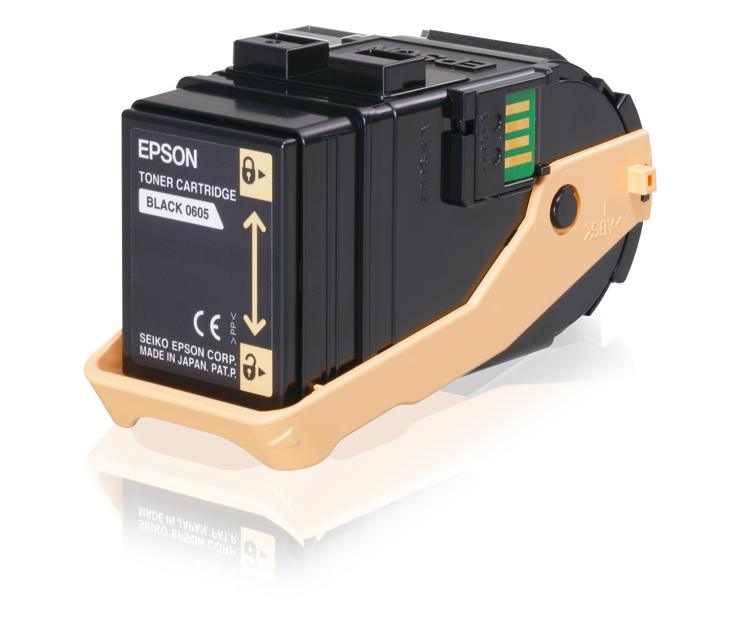 Cartuccia toner Epson nera con supporto beige. La cartuccia nera dice 'Black 0605'.
