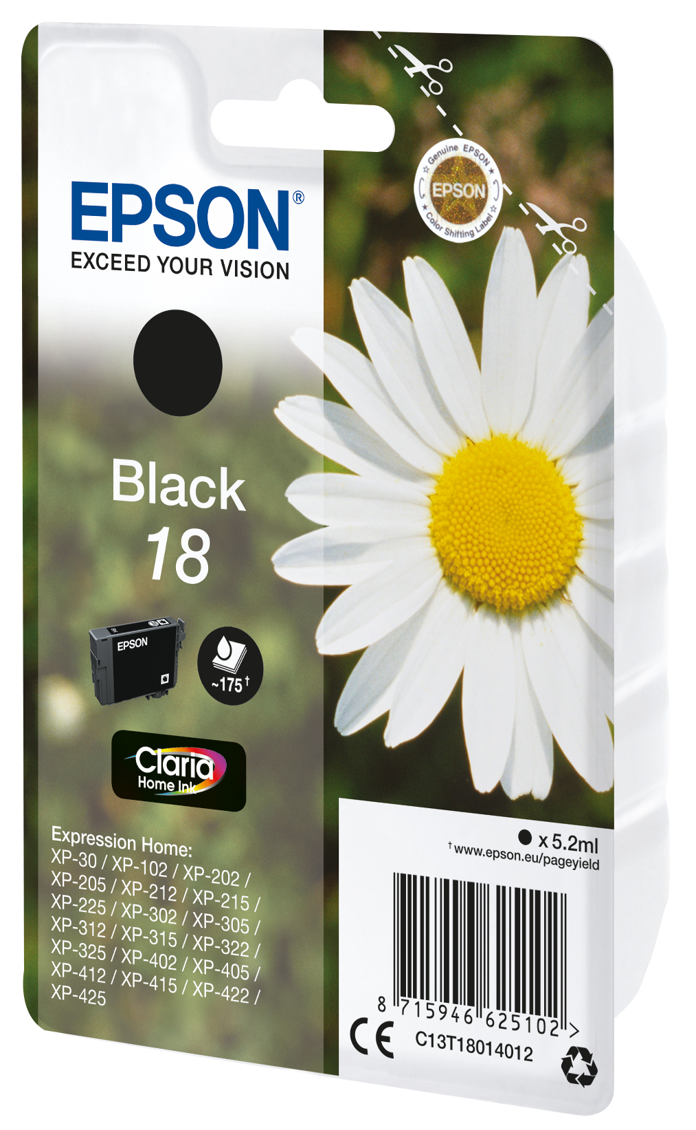 Czarny wkład atramentowy Epson z wizerunkiem stokrotki. Wkład oznaczony 'Black 18'.