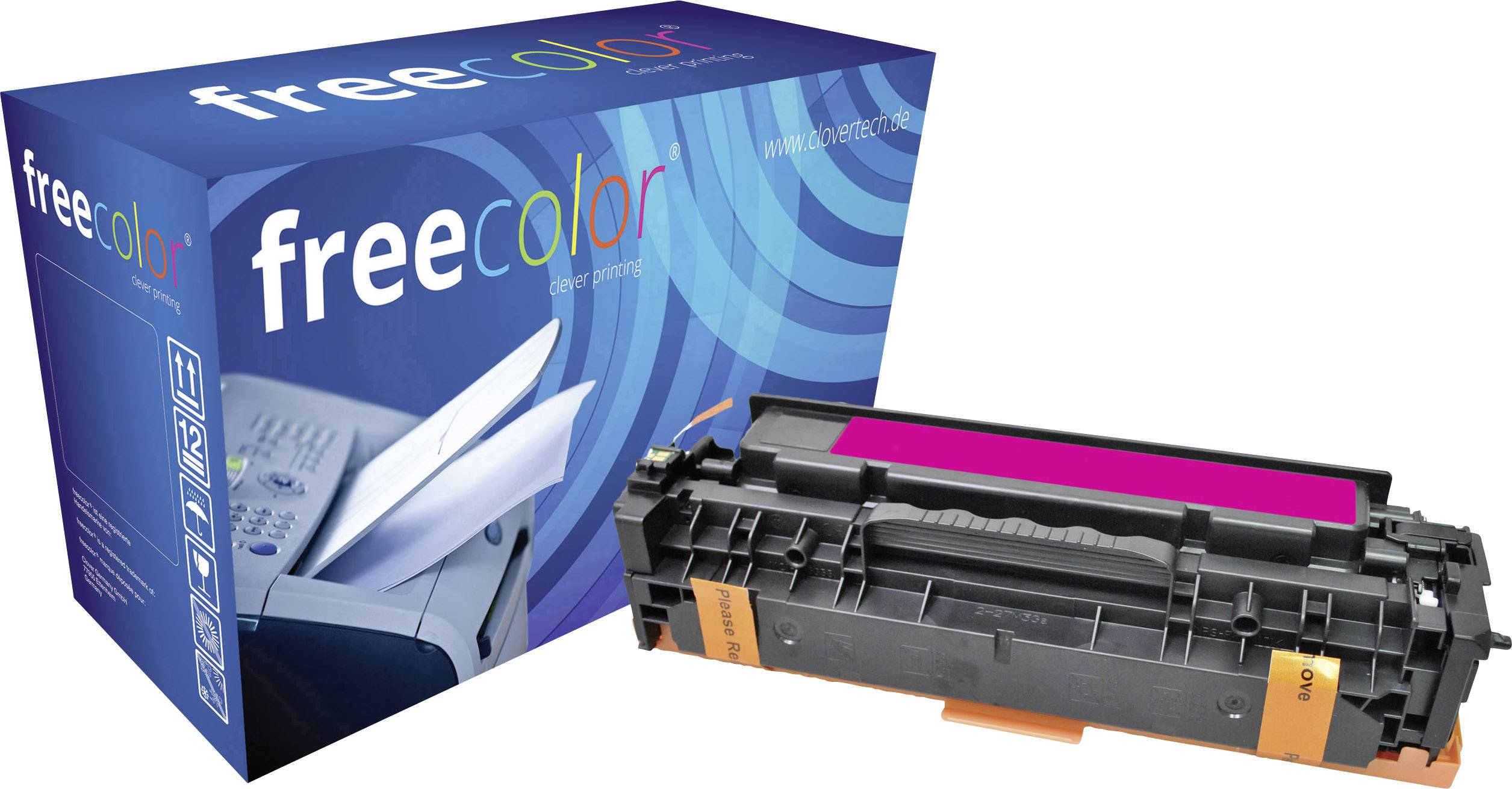 Una scatola blu e una cartuccia nera con dettagli magenta, etichettata freecolor e www.clovertech.de.