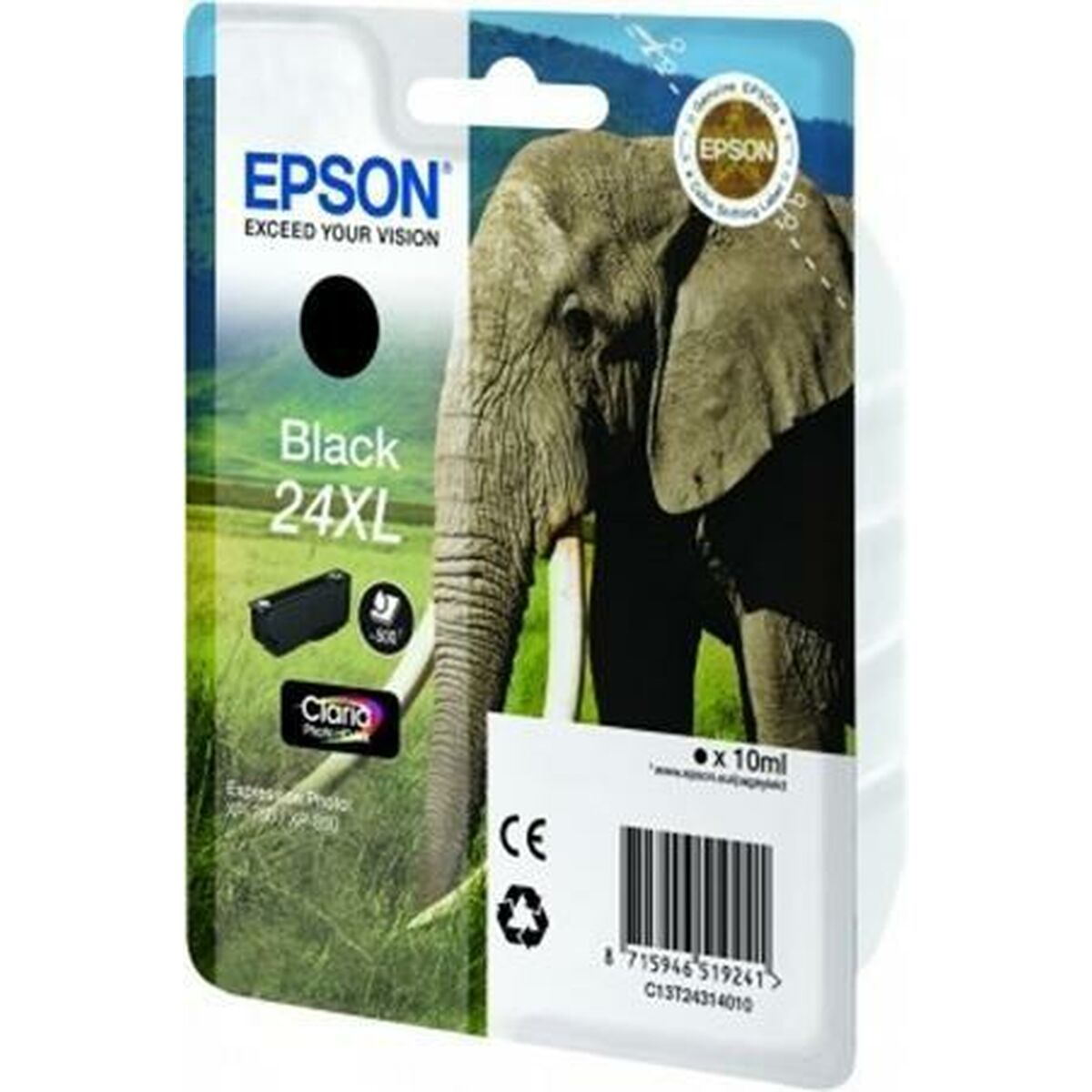 Confezione con inchiostro nero. Mostra cerchio inchiostro nero ed elefante. Contiene dettagli prodotto.