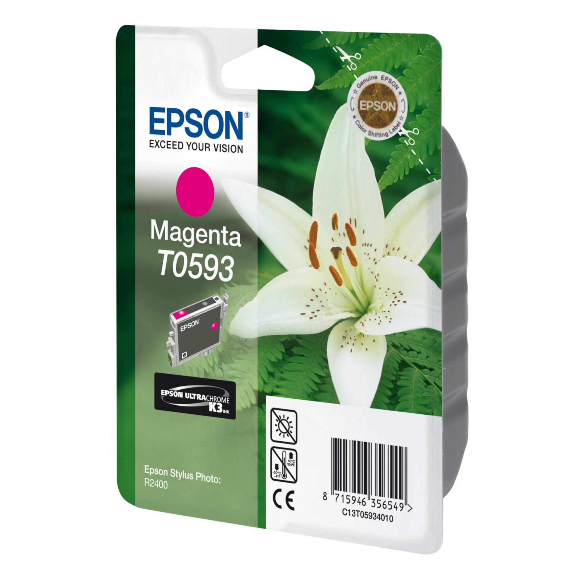 Cartucho de tinta Epson Magenta T0593, imagen de flor blanca, fondo verde.