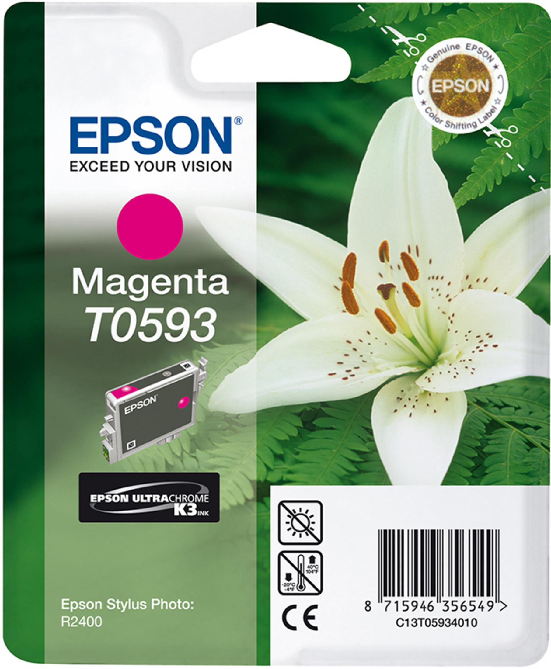 Embalaje de cartucho magenta con lirio blanco y detalles del producto.
