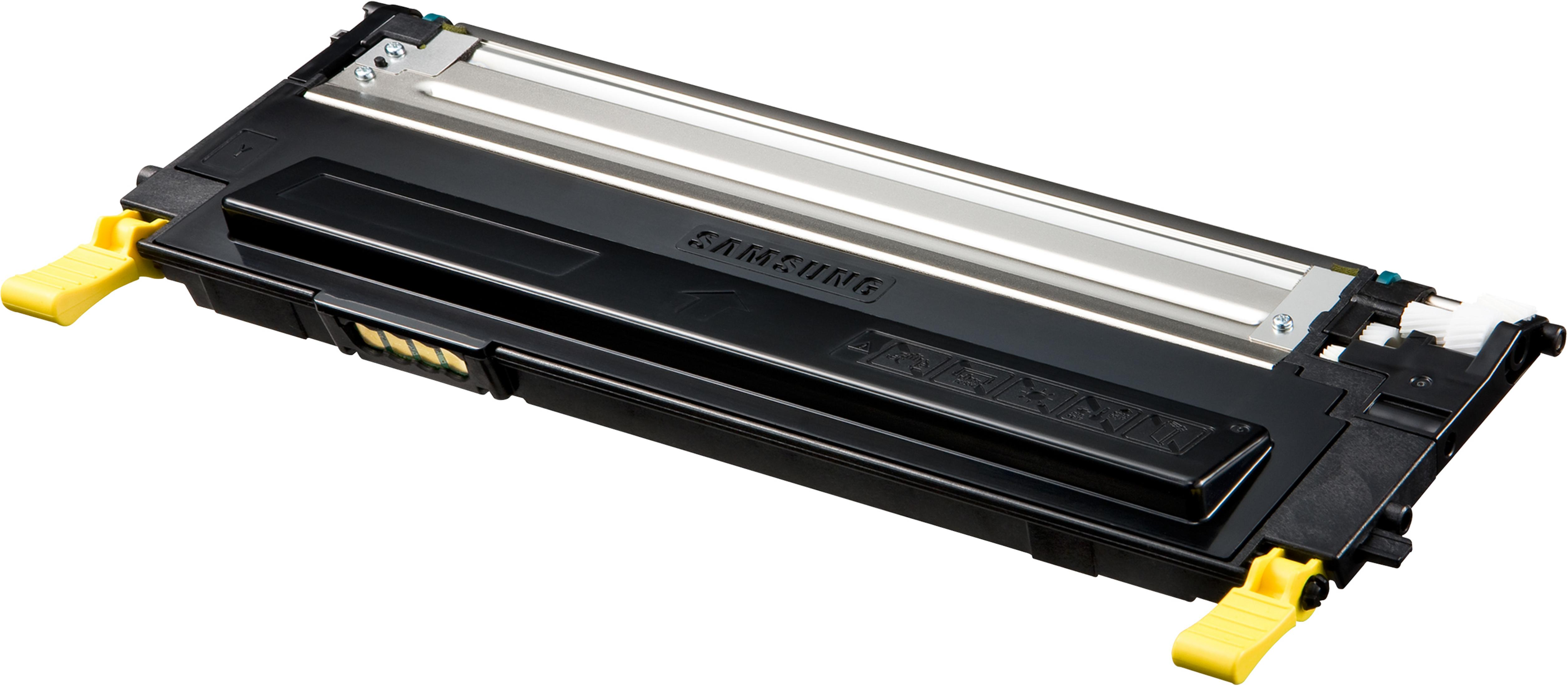 Una cartuccia toner Samsung nera con parti gialle su sfondo bianco.