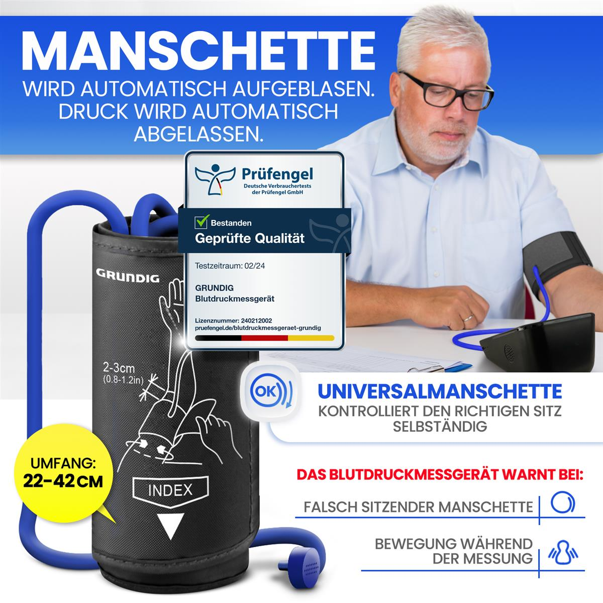 Mann benutzt Blutdruckmessgerät. Das Gerät ist an seinem Arm, Text erklärt die Funktionen des Produkts.