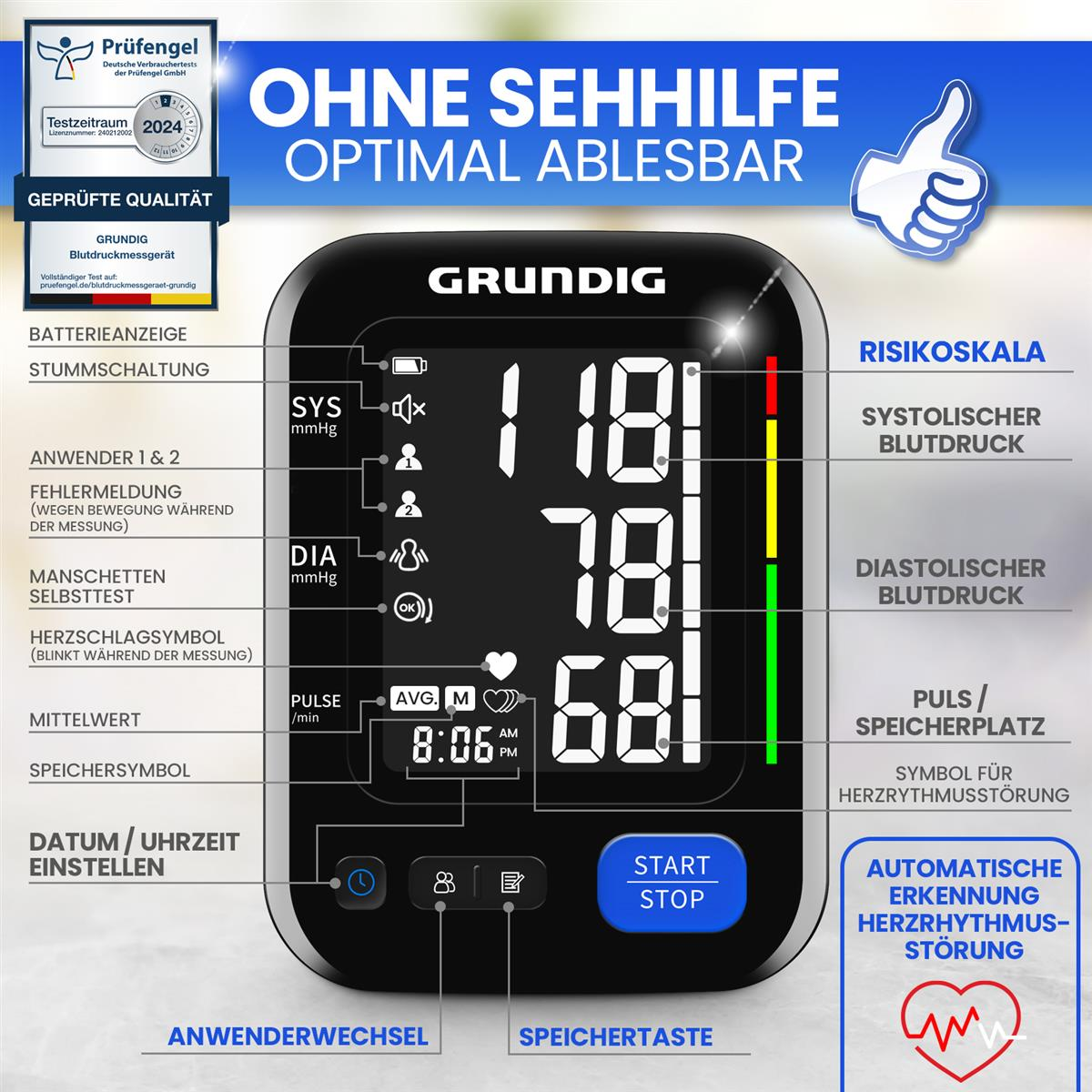 Ein digitales Blutdruckmessgerät mit Anzeigen und verschiedenen Bedientasten.