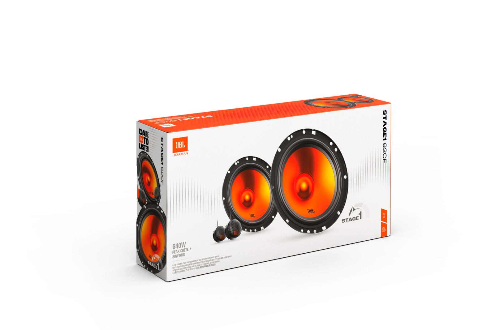 Boîte d'enceintes JBL avec cônes orange. Les enceintes sont dans une boîte avec le logo JBL. La boîte est blanche.