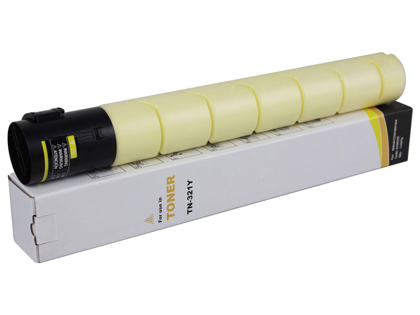 Cartuccia toner gialla all'interno di una scatola bianca con l'etichetta 'TONER' e 'TN-321Y'.