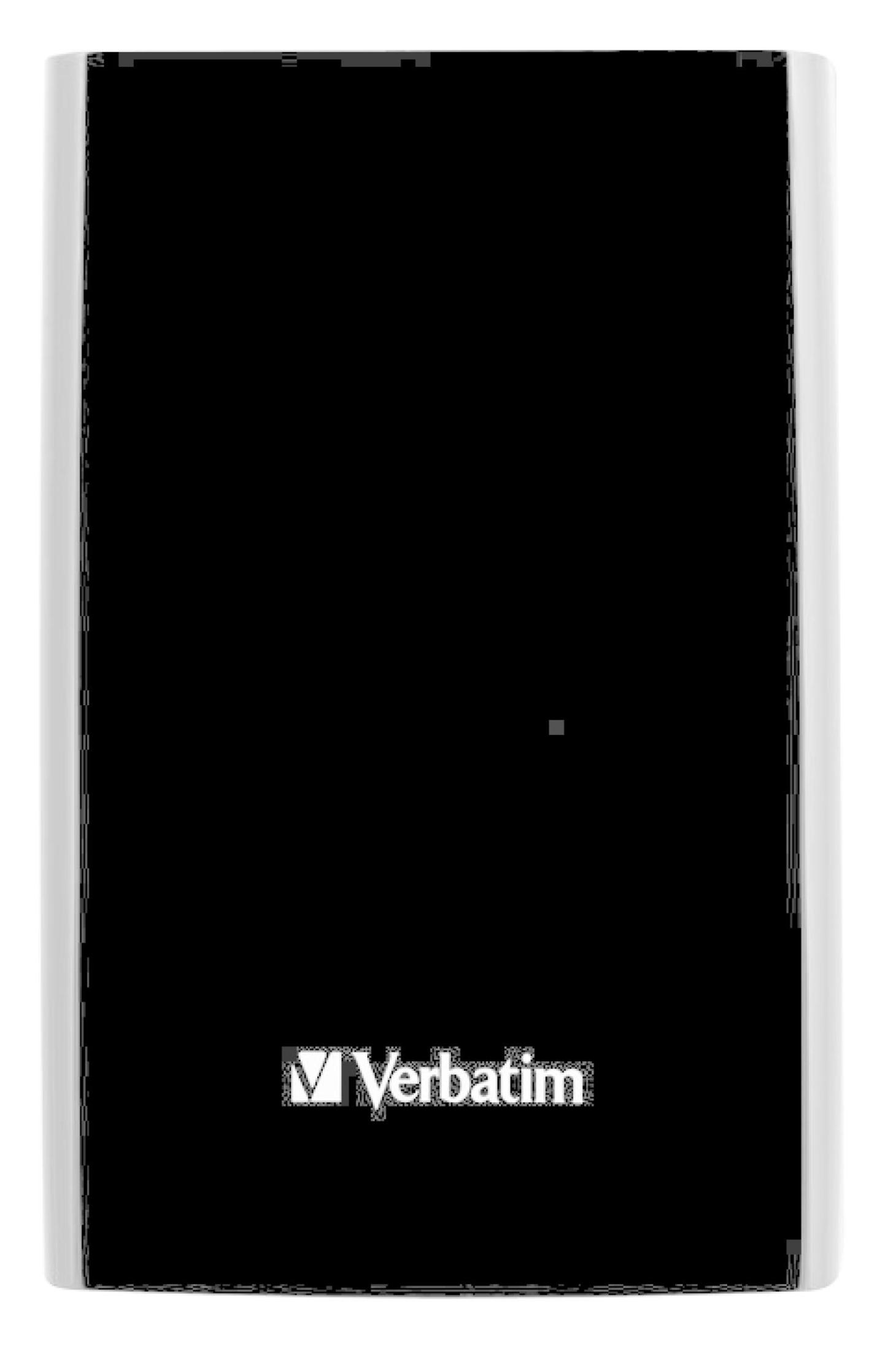 Czarny zewnętrzny dysk twardy Verbatim z logo Verbatim na dole. Białe krawędzie.